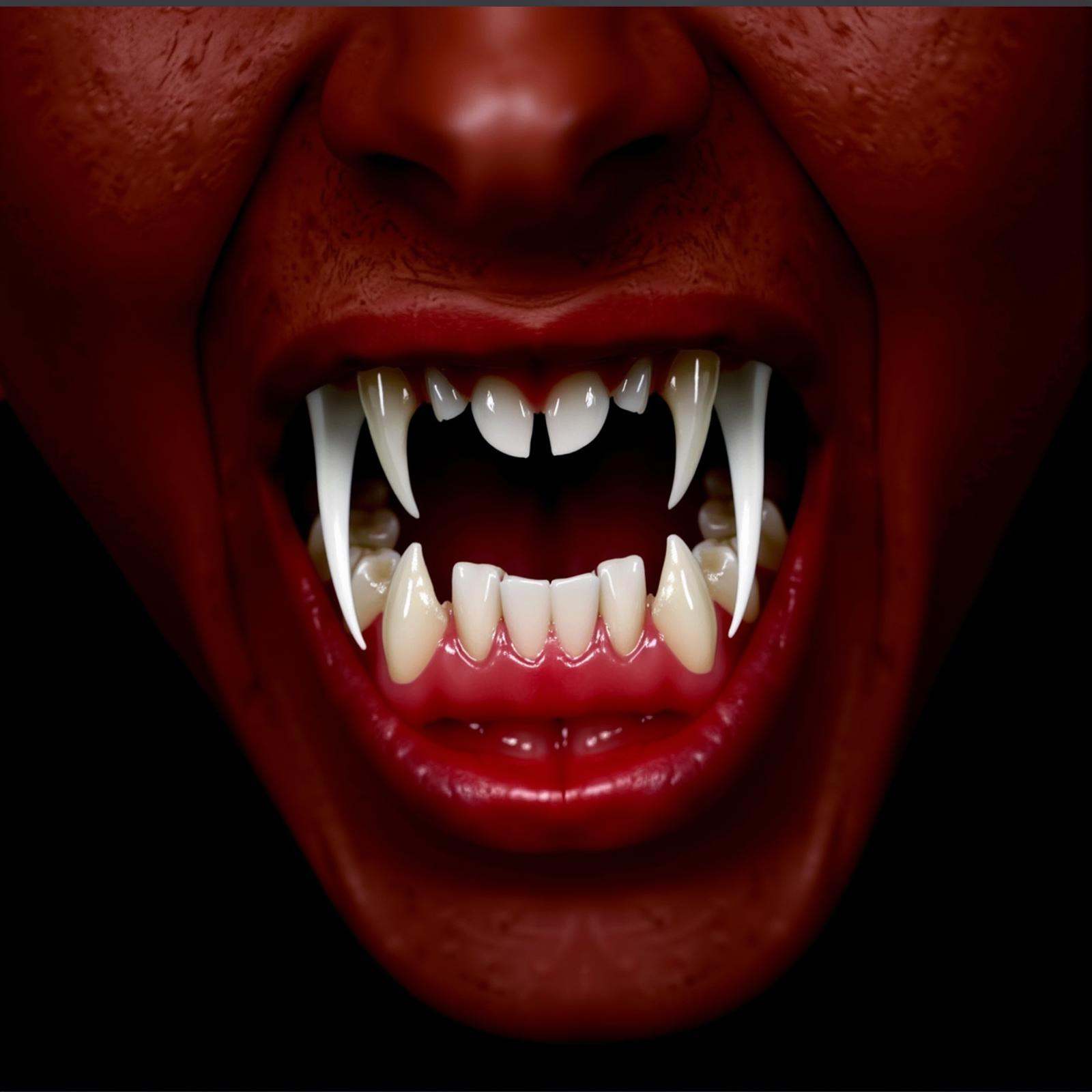 Perfect vampire fangs teeth a vampire woman with a red lip and white sharp perfect asymmetrical vampire fangs teeth,  scar...