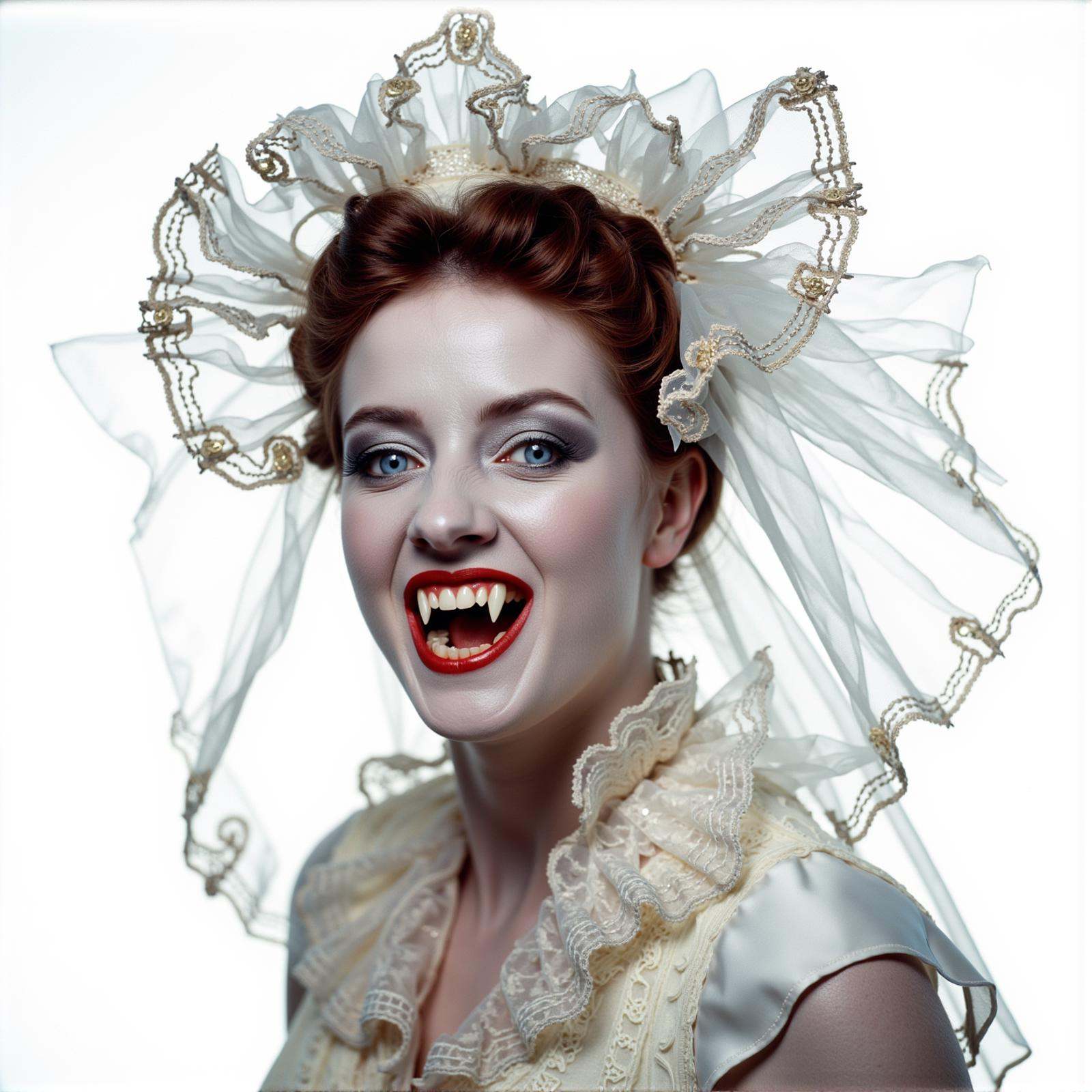 cinematic film still vampire fangs teeth a victorian era vampire white skin woman with a white victorian bride dress and a...