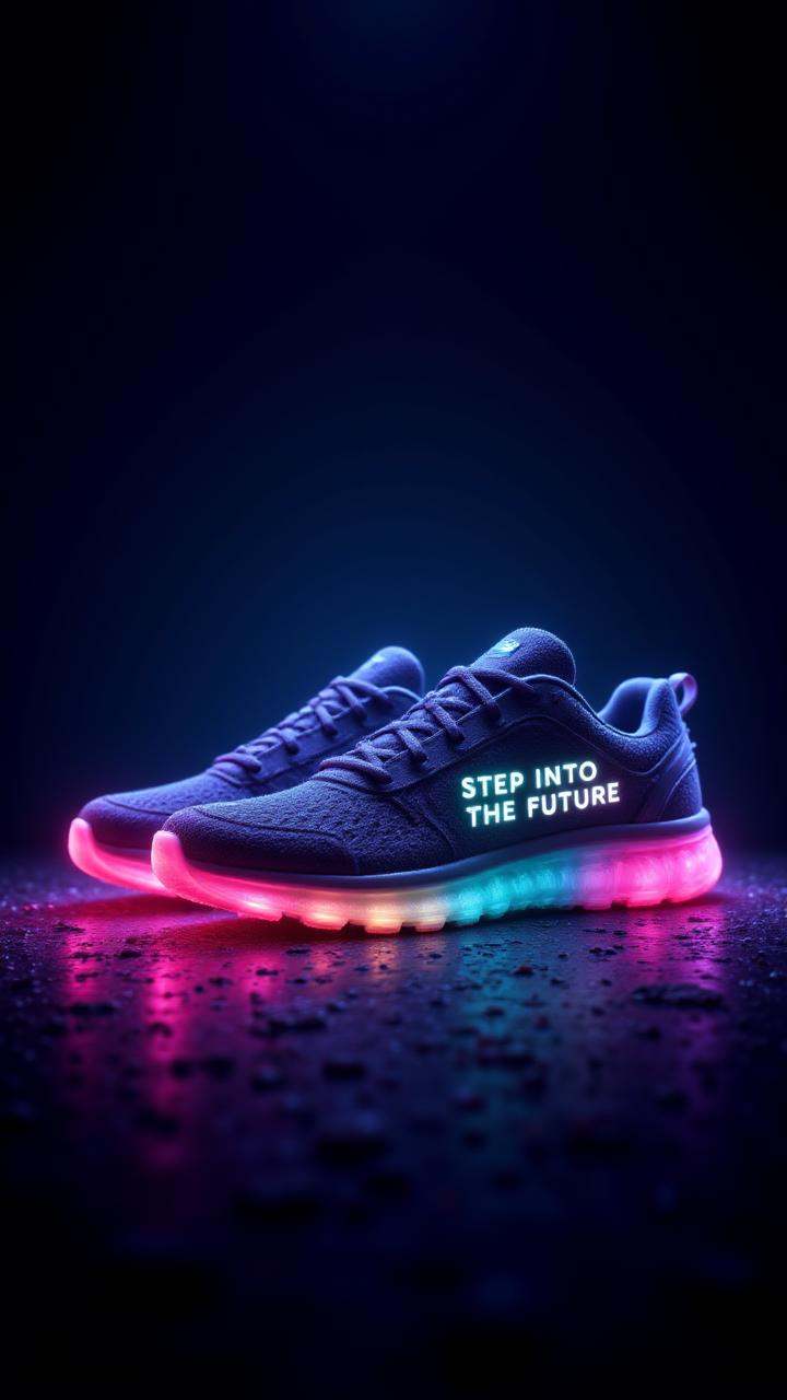 An advertisement for a new sneaker brand with a pair of futuristic running shoes glowing with neon lights,  with text writ...