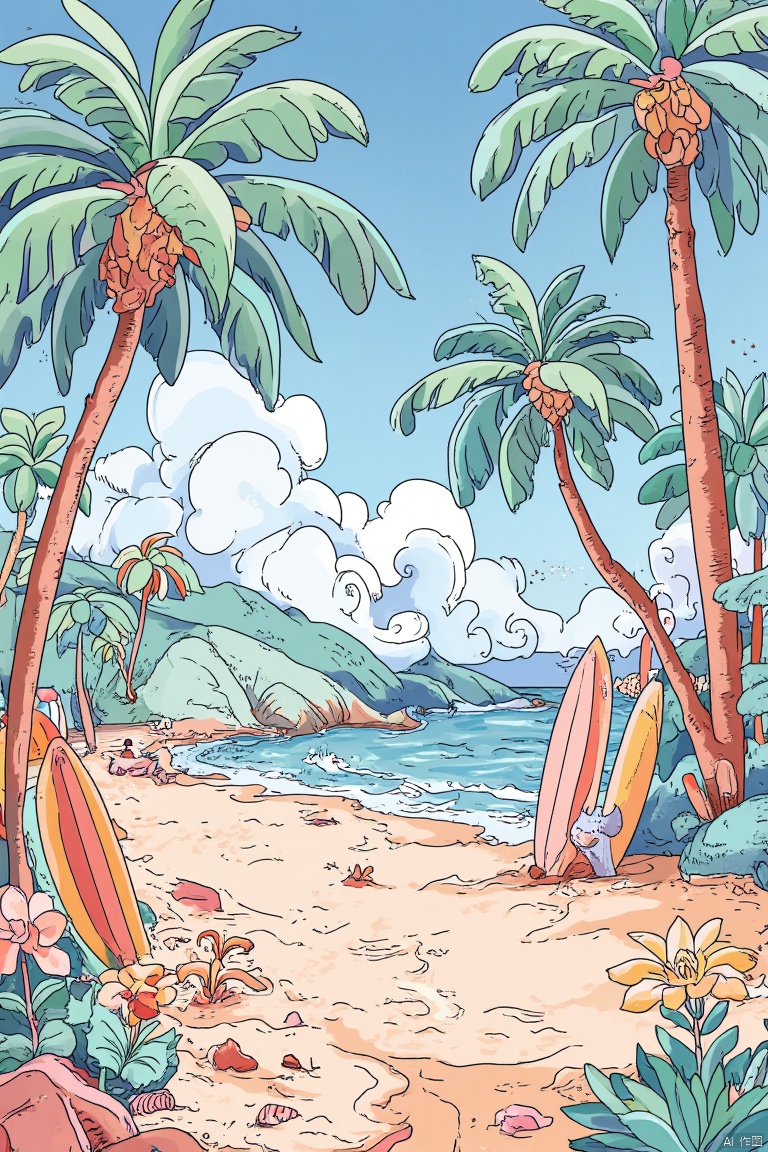 A vibrant cartoon-style tropical beach scene with a bright sunny sky. The beach is filled with tall palm trees swaying gently in the breeze, and colorful surfboards leaning against them. The sand is golden and sparkling, with gentle waves lapping at the shore. The composition is wide-angle, capturing the entire beach, with a playful, dynamic lighting that highlights the tropical atmosphere.
