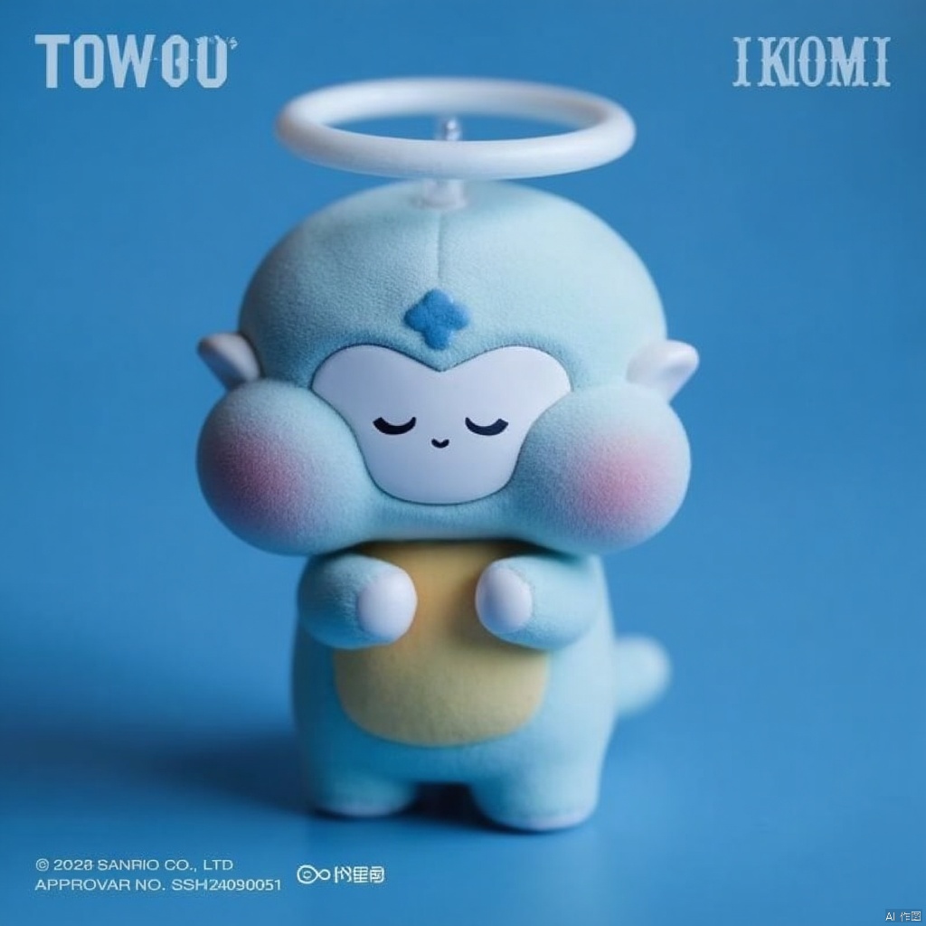 Blind box doll,solo, solo, smile, closed mouth, full body, closed eyes, blurry, pokemon \(creature\), no humans, :3, blue background, halo, sleeping, u u