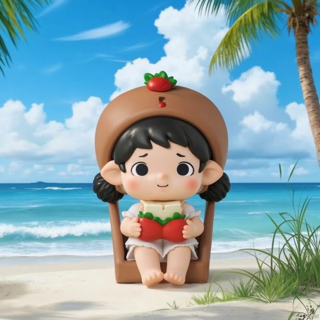 Blind box doll,1girl, solo, black hair, sitting, outdoors, food, sky, barefoot, day, pointy ears, cloud, water, black eyes, tree, blue sky, ocean, beach, short twintails, child, sand, palm tree, object on head