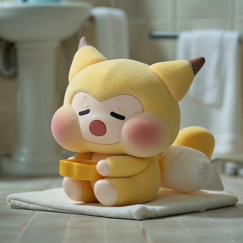 Blind box doll,solo, open mouth, holding, sitting, full body, closed eyes, indoors, blurry, cup, pokemon \(creature\), no humans, > <, towel, bathroom