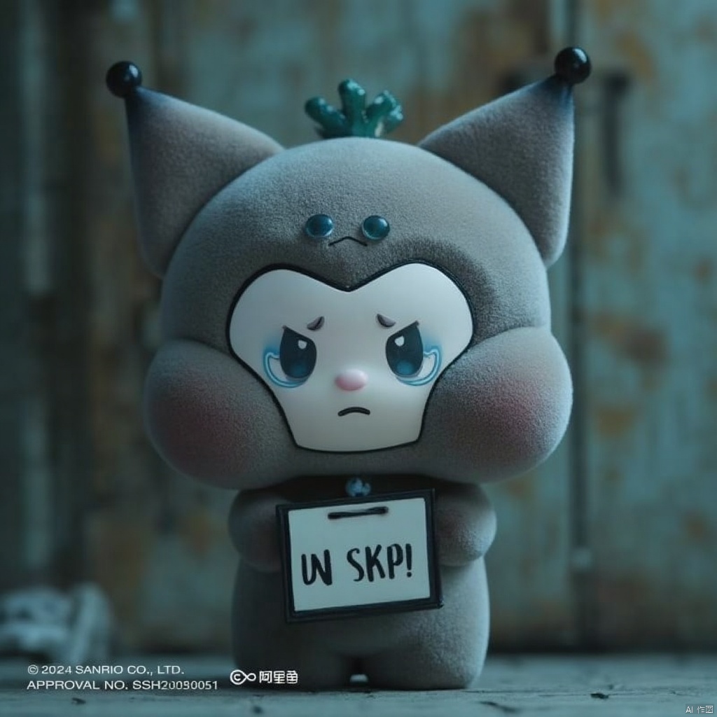 Blind box doll,solo, standing, full body, tears, blurry, pokemon \(creature\), no humans, frown, crying, crying with eyes open, sign, sad
