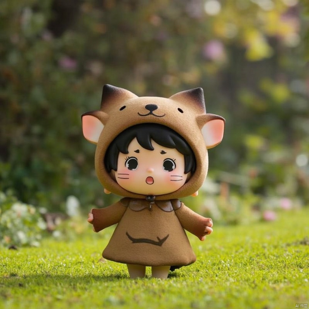 Blind box doll,1girl, solo, looking at viewer, open mouth, black hair, male focus, outdoors, black eyes, cosplay, facial mark, grass, animal hood, animal costume, whisker markings, whiskers