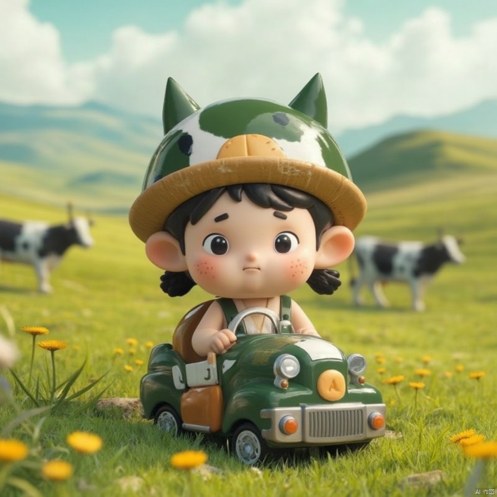 Blind box doll,1girl, solo, black hair, hat, twintails, sitting, flower, outdoors, day, black eyes, grass, ground vehicle, child, motor vehicle, cow print, field, cow