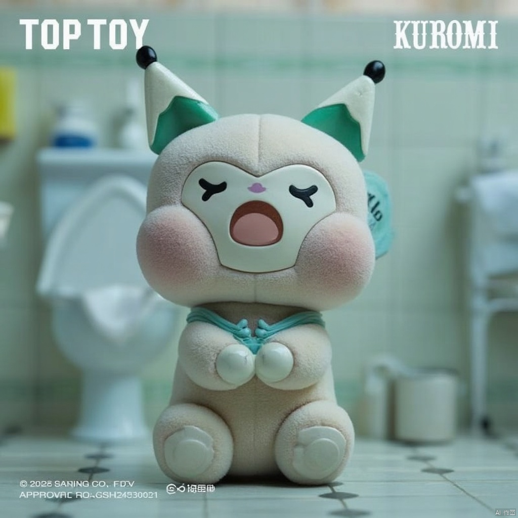 Blind box doll,solo, open mouth, holding, sitting, full body, closed eyes, indoors, blurry, cup, pokemon \(creature\), no humans, > <, towel, bathroom