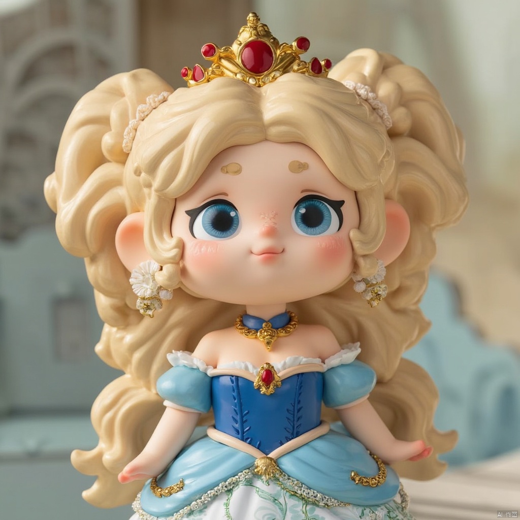 Blind box doll,1girl, solo, long hair, breasts, looking at viewer, smile, blue eyes, blonde hair, dress, cleavage, bare shoulders, jewelry, medium breasts, upper body, earrings, puffy sleeves, necklace, makeup, blue dress, crown, princess