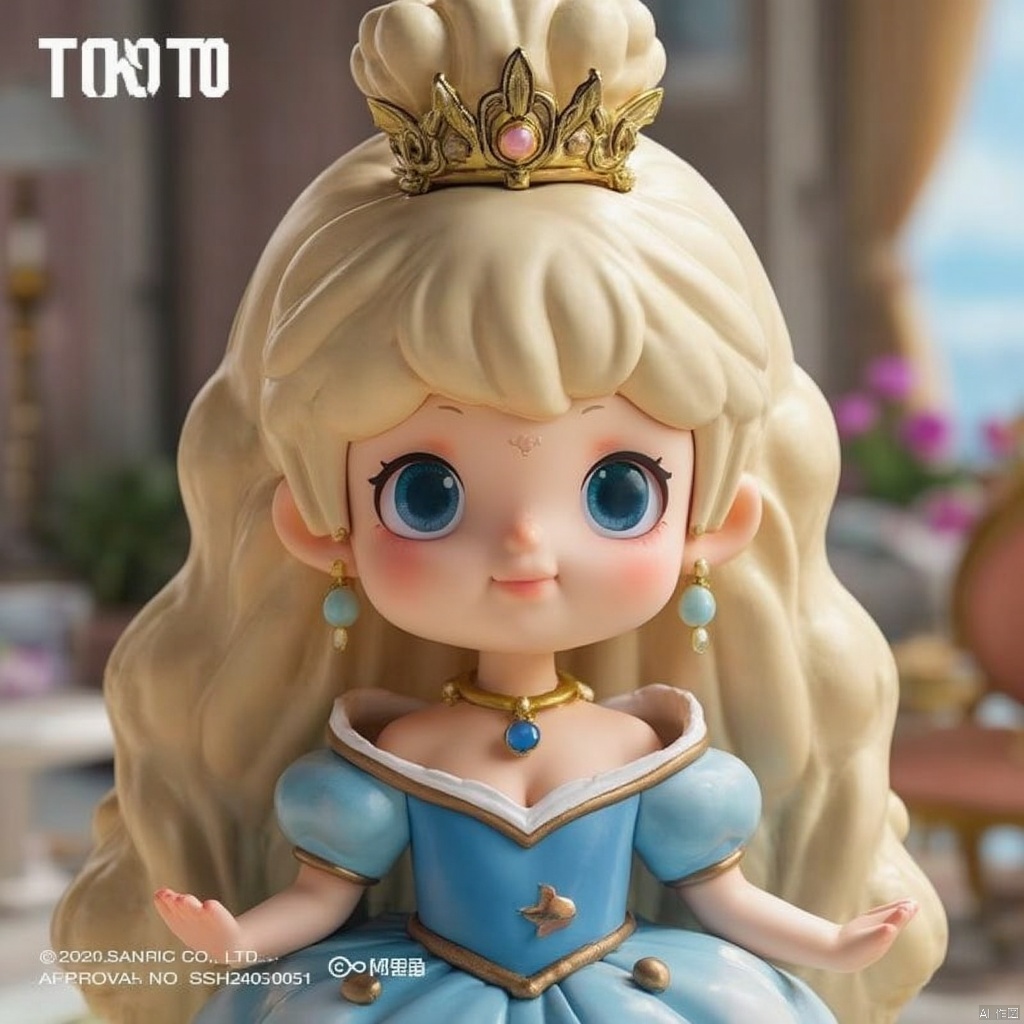 Blind box doll,1girl, solo, long hair, breasts, looking at viewer, smile, blue eyes, blonde hair, dress, cleavage, bare shoulders, jewelry, medium breasts, upper body, earrings, puffy sleeves, necklace, makeup, blue dress, crown, princess