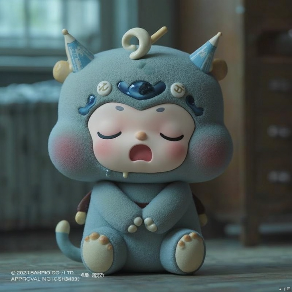 Blind box doll,solo, open mouth, sitting, full body, closed eyes, blurry, pokemon \(creature\), no humans, saliva, sleeping, drooling