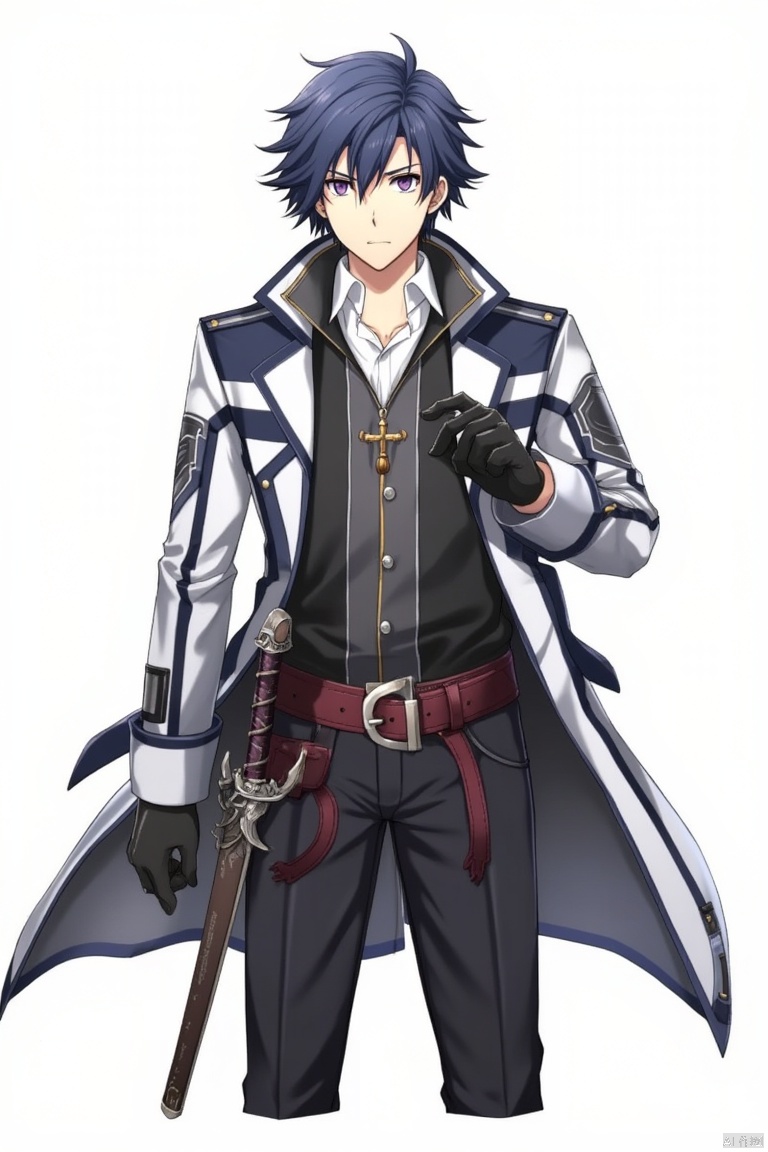Lien, 1boy, male focus, weapon, sword, gloves, solo, purple eyes, belt, holding, black gloves, serious, pants, holding weapon, coat, blue hair, looking at viewer, sheath, holding sword, black hair, 