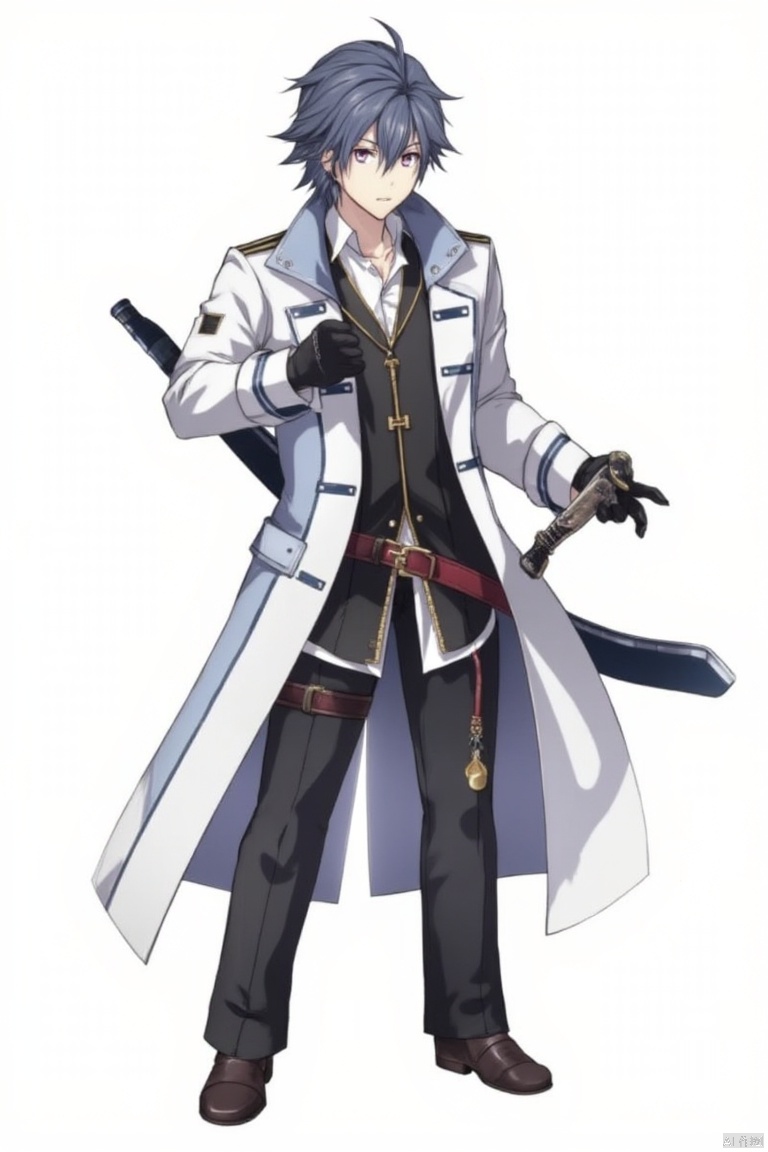 Lien, 1boy, male focus, weapon, sword, gloves, solo, purple eyes, belt, holding, black gloves, serious, pants, holding weapon, coat, blue hair, looking at viewer, sheath, holding sword, black hair, 