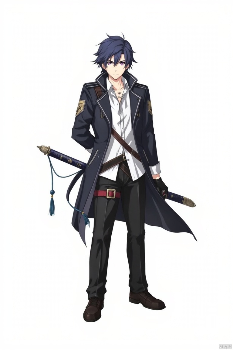 Lien, 1boy, male focus, weapon, sword, gloves, solo, purple eyes, belt, holding, black gloves, serious, pants, holding weapon, coat, blue hair, looking at viewer, sheath, holding sword, black hair, 