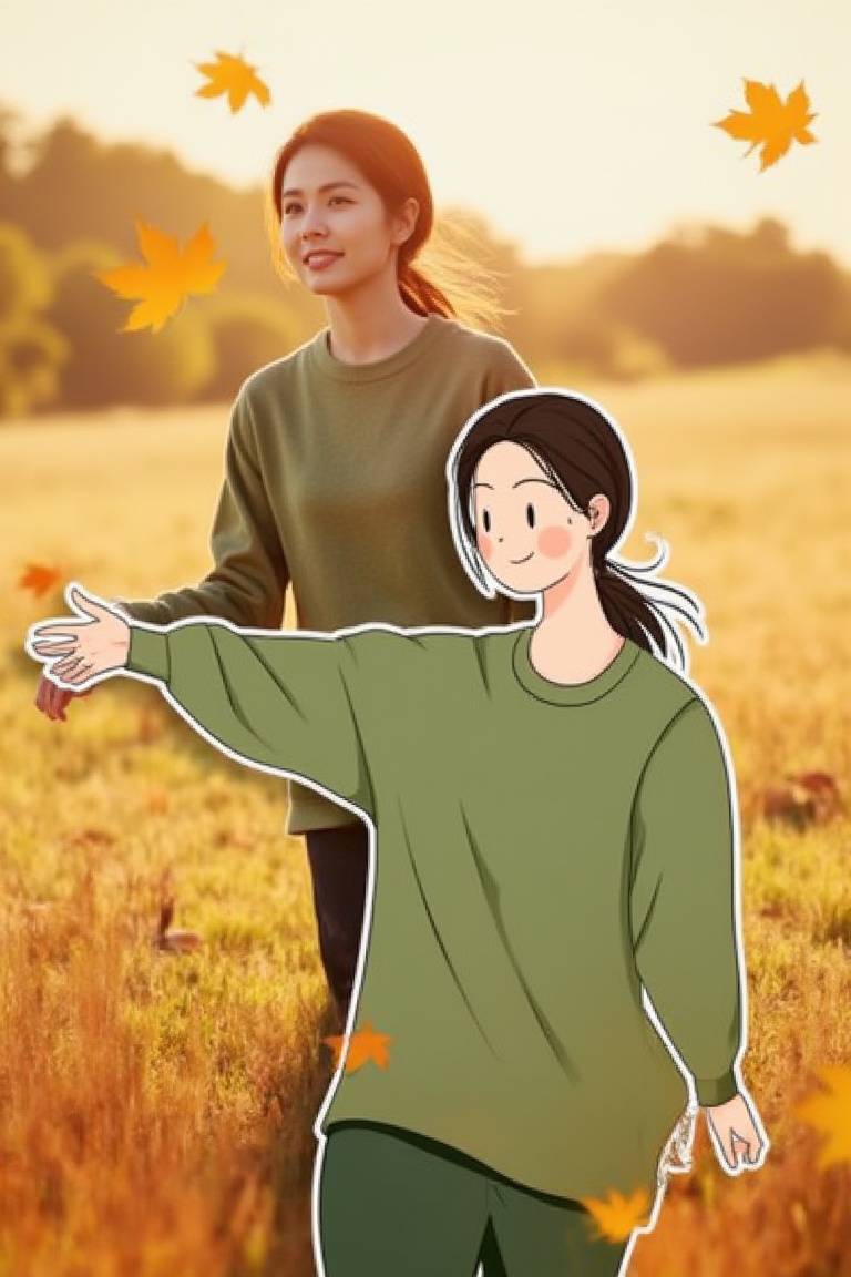 vecportrait of woman wearing a soft green sweater,  autumn leaf,  maple on Tensor.Art