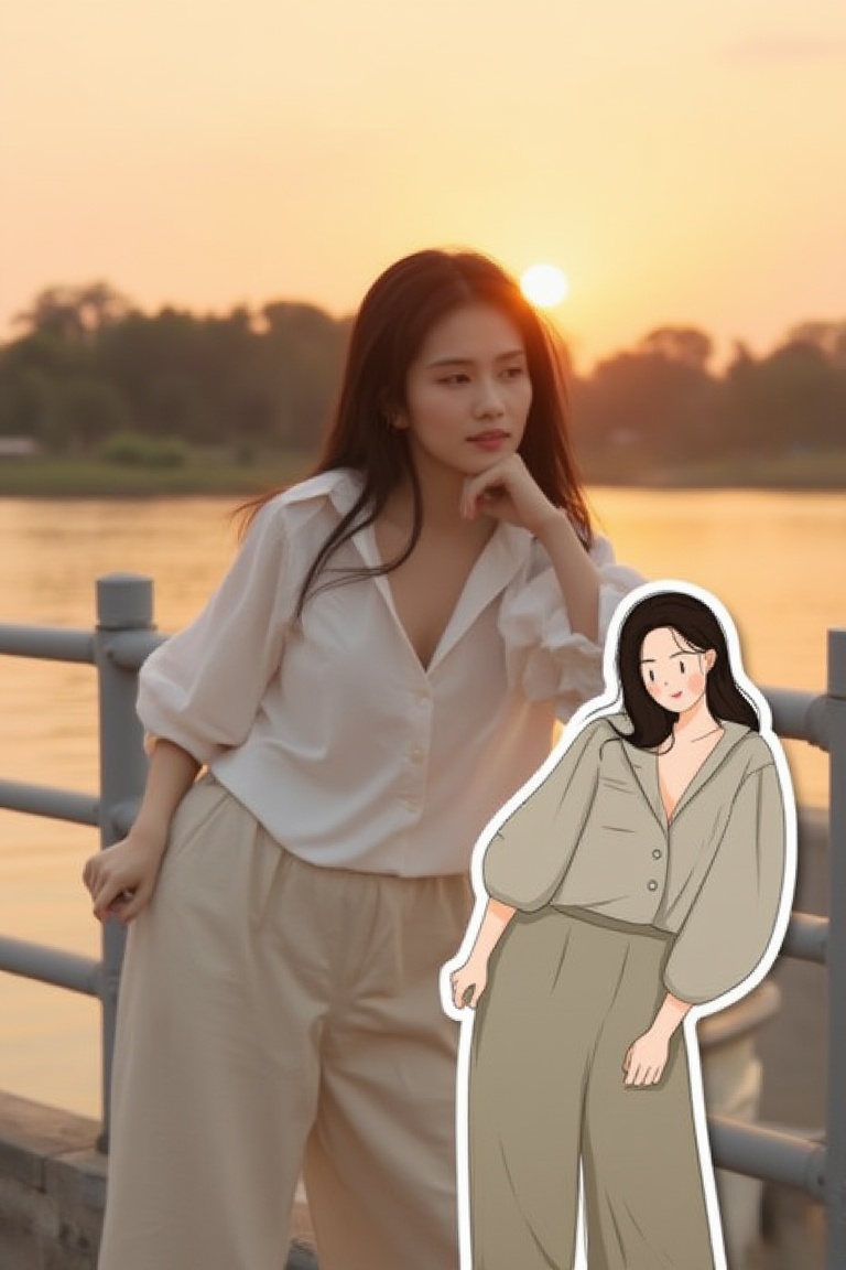 photography of a Thai woman in a breezy linen outfit,  leaning on a railing near a serene lake at sunset,  her thoughtful...