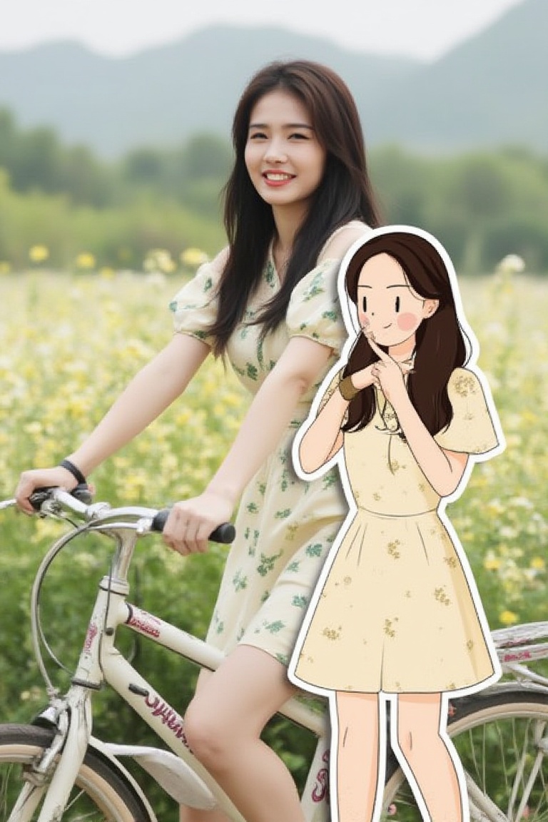 A Vietnamese woman in a cute summer dress,  riding her bicycle through a flower field. Overlapping with the image,  there...