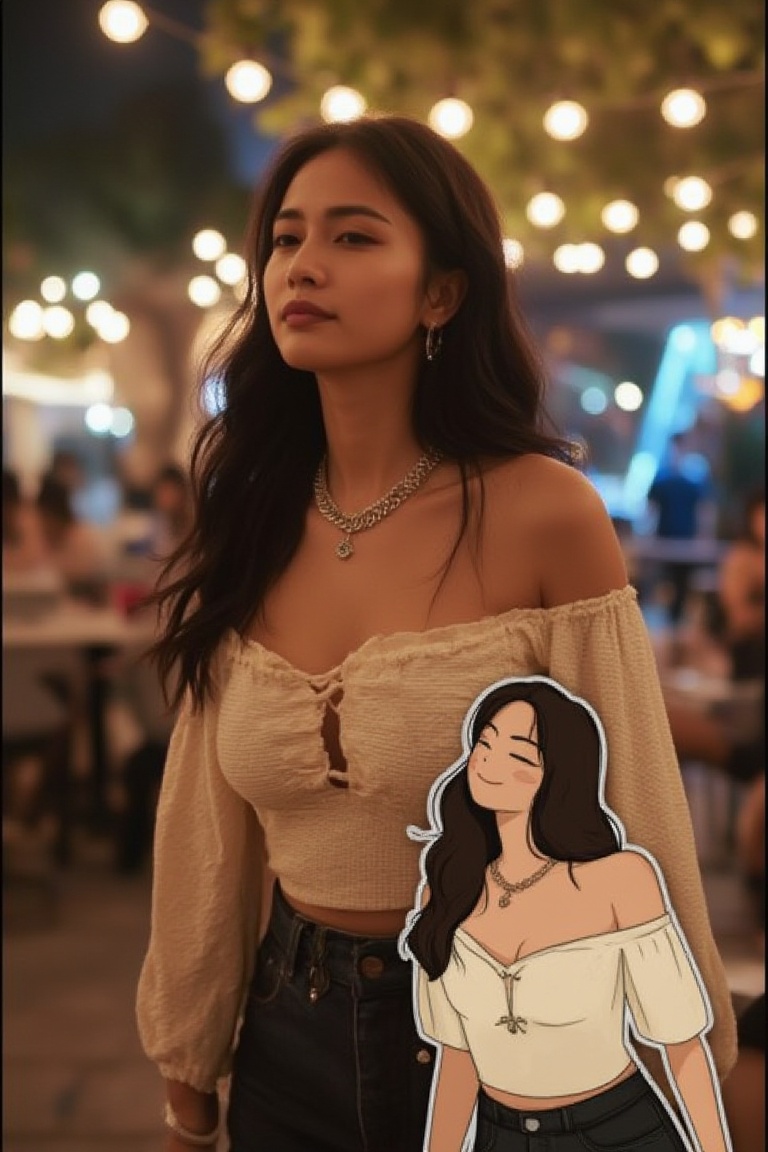 A Latina woman in a trendy off-shoulder top,  twirling under string lights at an outdoor café. Overlapping with the image,...