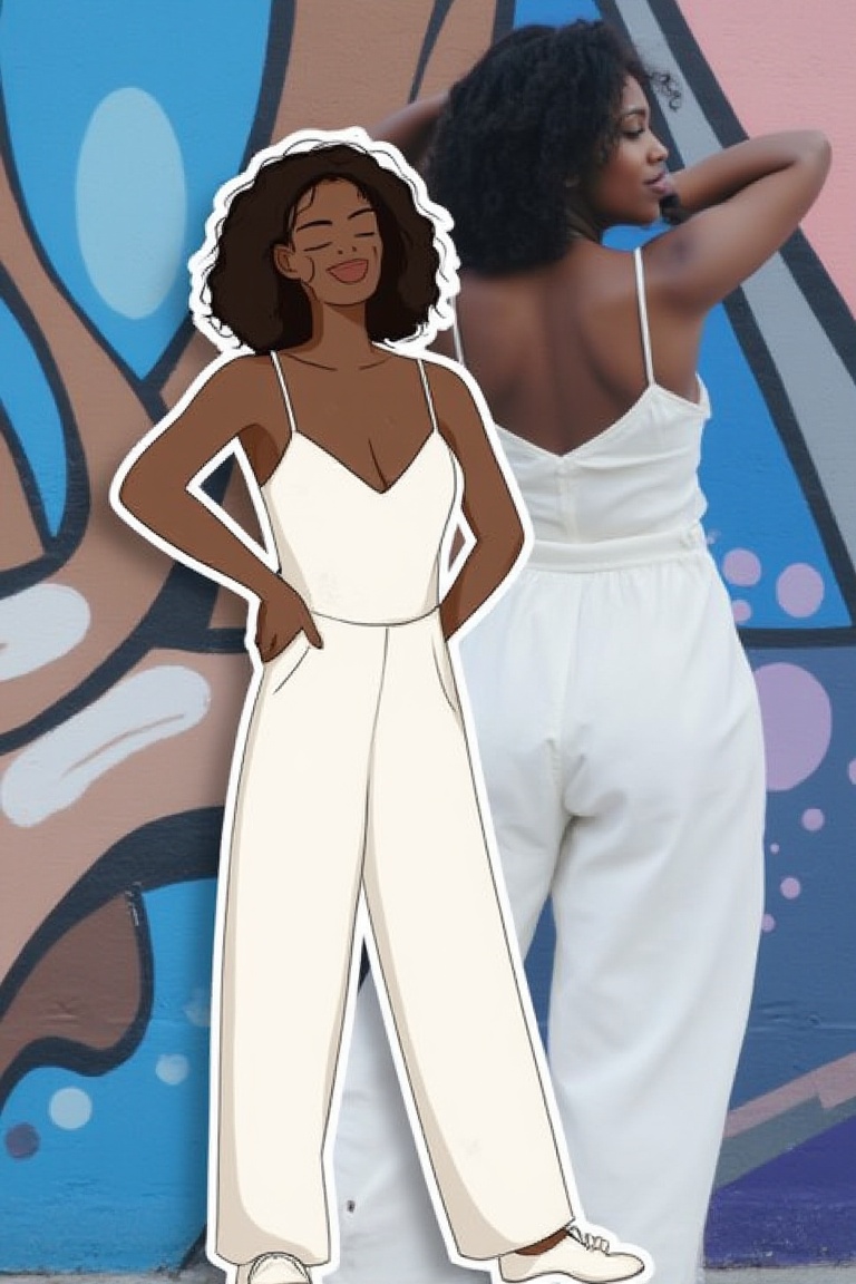 An African woman in a minimalist white jumpsuit,  confidently posing in front of a sleek urban mural,  with a soft smile....