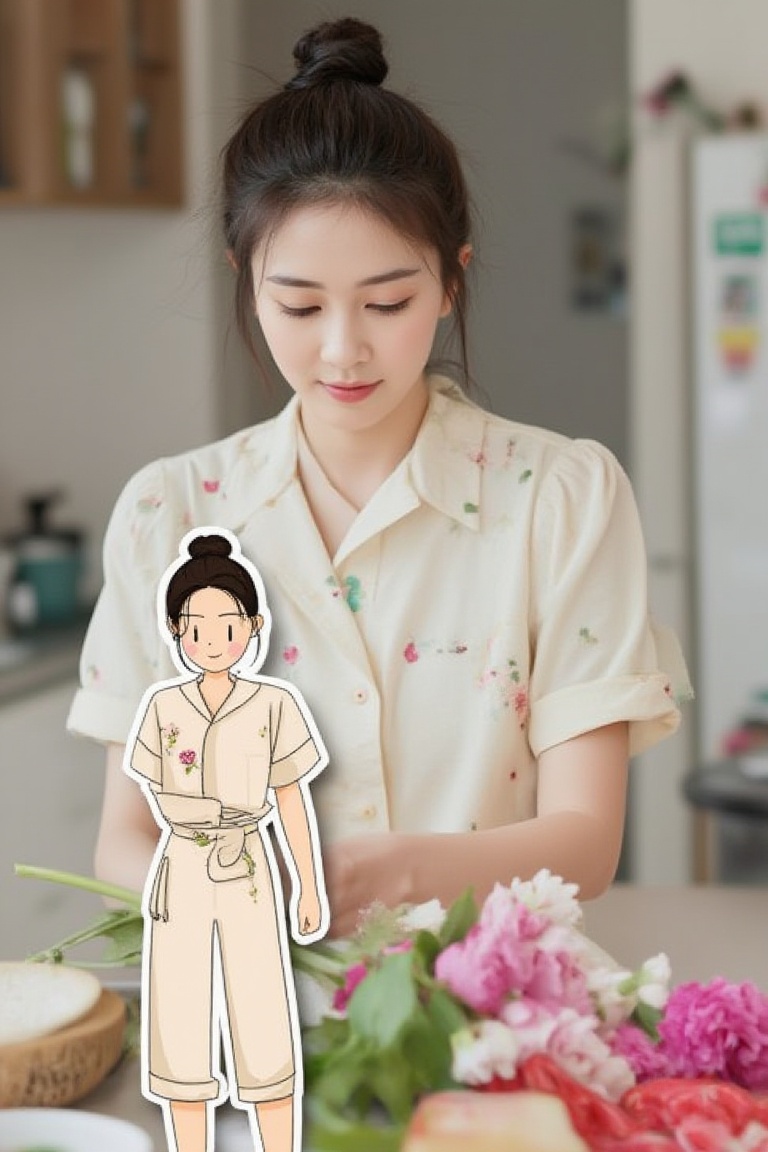 A Thai woman in a cute pastel jumpsuit,  carefully arranging flowers in her kitchen. Overlapping with the image,  there is...