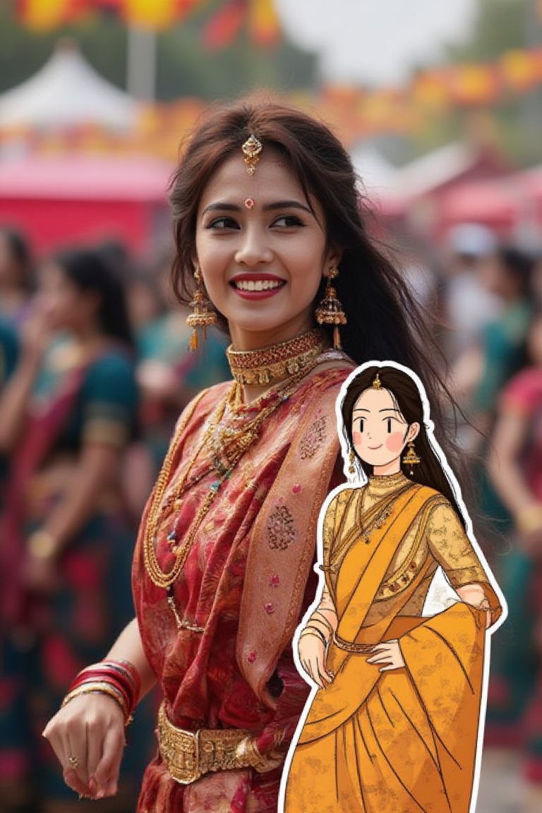 An Indian woman wearing a stylish sari,  dancing joyfully at a festival. Overlapping with the image,  there is a vector il...