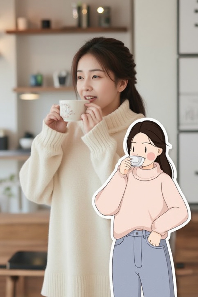 A Korean woman in a pastel-colored oversized sweater,  standing in a minimalist coffee shop,  sipping tea with a thoughtfu...