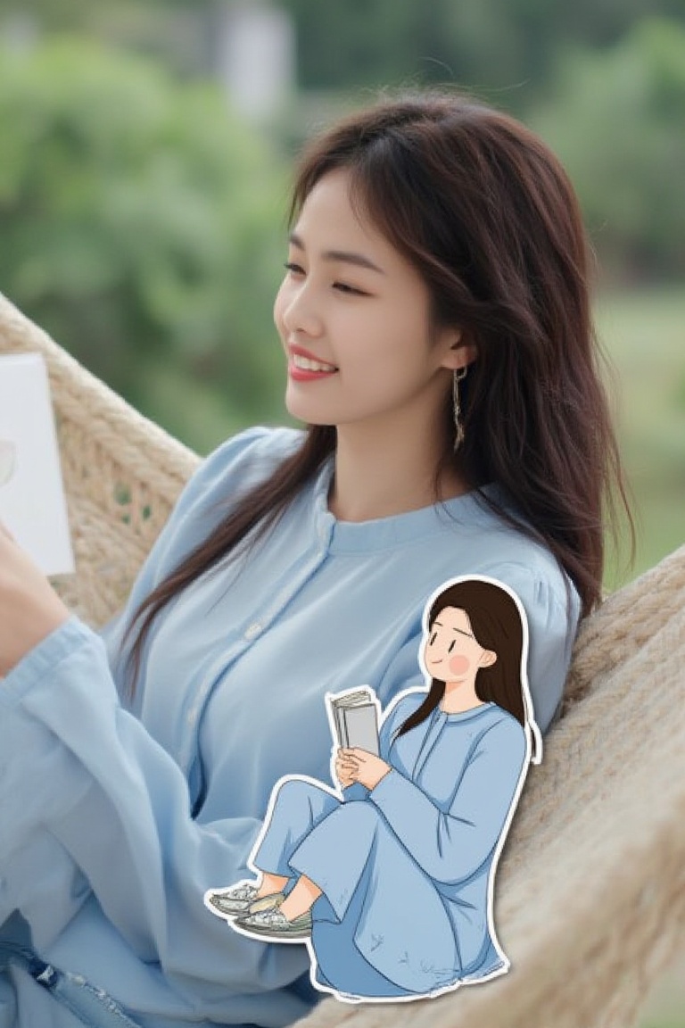 A Filipina woman in a light blue blouse,  enjoying a book while lounging in a hammock. Overlapping with the image,  there...