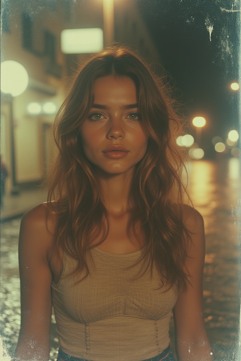 An expired Polaroid photo of a Spanish girl with long,  voluminous light brown hair,  a round face on Tensor.Art