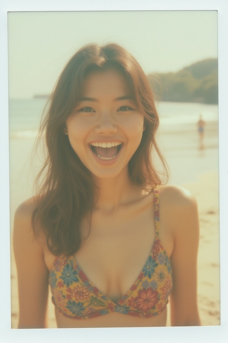 A Polaroid photo of a Korean woman with an excited expression,  captured at the beach. The image features soft,  natural l...