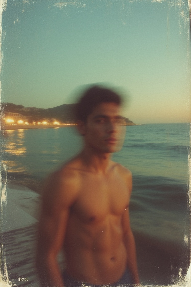 An expired Polaroid photo of a man at the beach at dusk,  captured with a camera flash. The scene has a futuristic,  roman...