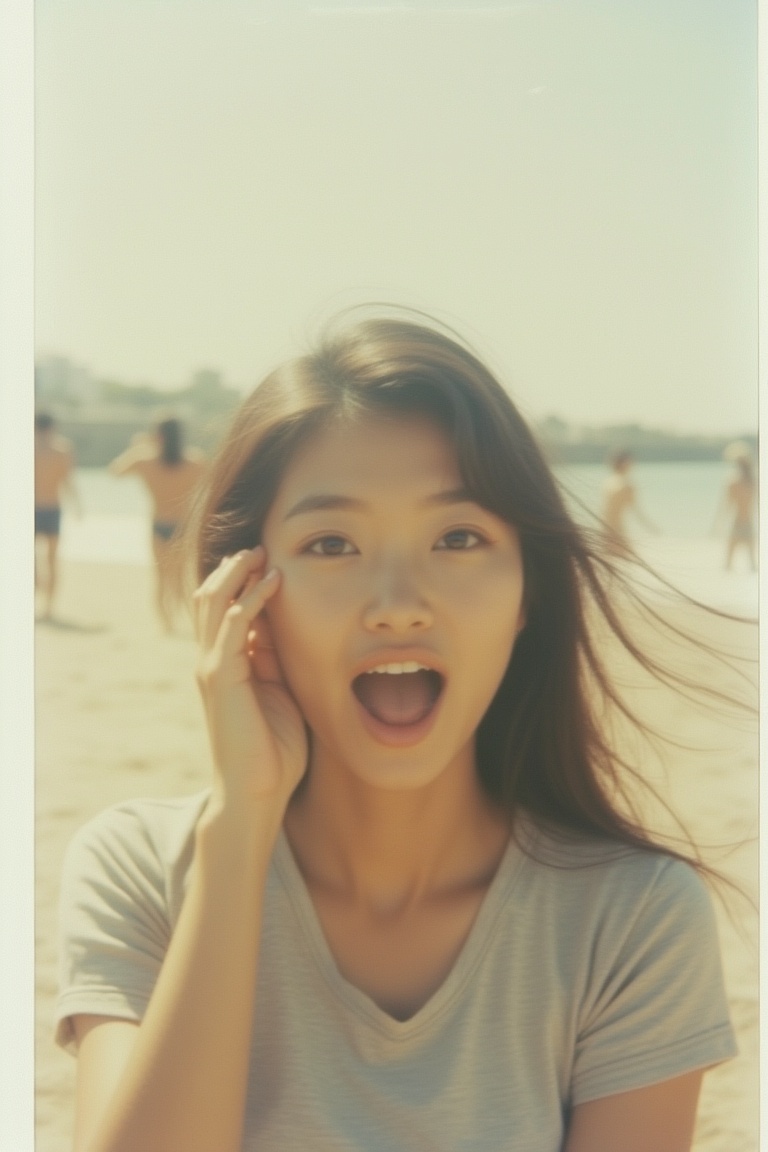 A Polaroid photo of a Korean woman with an excited expression,  captured at the beach. The image features soft,  natural l...