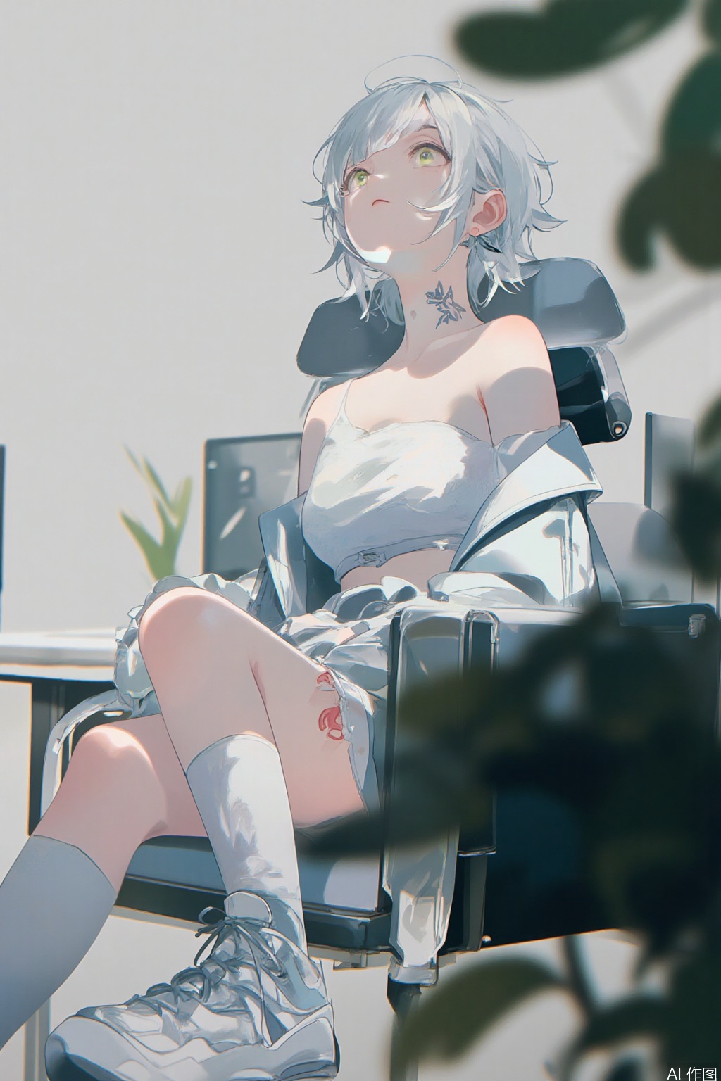 masterpiece,very aware,highres,absurdres,newest,best quality,high quality,chromatic_aberration, //, 1girl, solo, short hair, bangs, simple background, long sleeves, white background, holding, bare shoulders, sitting, closed mouth, green eyes, jacket, full body, white hair, grey hair, shoes, choker, socks, off shoulder, sleeves past wrists, tattoo, chair, white footwear, white jacket, plant, white socks, sneakers, bandaid, grey jacket, computer, bandaid on leg, bandaid on knee, grey socks //, ,(artist:quasarcake:0.8),extreme aesthetic,(wlop:0.6),(wanke:0.8),(mon (monmon2133):0.5),(mochizuki kei:0.95), (tira 27:0.7), //, official art,depth of field,detailed light,blurry background,best shadow,shiny skin,cinematic lighting,ray tracing, amazing quality,very aesthetic,absurdres,beast quality,ultra detailed,newest,8K,HDR,
负向提示