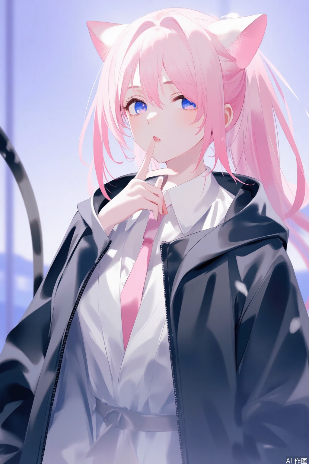 An anime girl with long pink hair and blue eyes. She is wearing a black jacket with a white collar and a white shirt underneath. Her hair is tied up in a ponytail. Her eyes are a piercing blue color. She has a black cat tail on her left side. The cat tail is black and has white spots on it. The background behind her is a light blue and purple color.