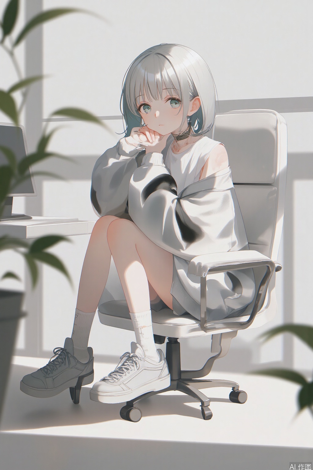 masterpiece,very aware,highres,absurdres,newest,best quality,high quality,chromatic_aberration, //, 1girl, solo, short hair, bangs, simple background, long sleeves, white background, holding, bare shoulders, sitting, closed mouth, green eyes, jacket, full body, white hair, grey hair, shoes, choker, socks, off shoulder, sleeves past wrists, tattoo, chair, white footwear, white jacket, plant, white socks, sneakers, bandaid, grey jacket, computer, bandaid on leg, bandaid on knee, grey socks //, ,(artist:quasarcake:0.8),extreme aesthetic,(wlop:0.6),(wanke:0.8),(mon (monmon2133):0.5),(mochizuki kei:0.95), (tira 27:0.7), //, official art,depth of field,detailed light,blurry background,best shadow,shiny skin,cinematic lighting,ray tracing, amazing quality,very aesthetic,absurdres,beast quality,ultra detailed,newest,8K,HDR,
负向提示