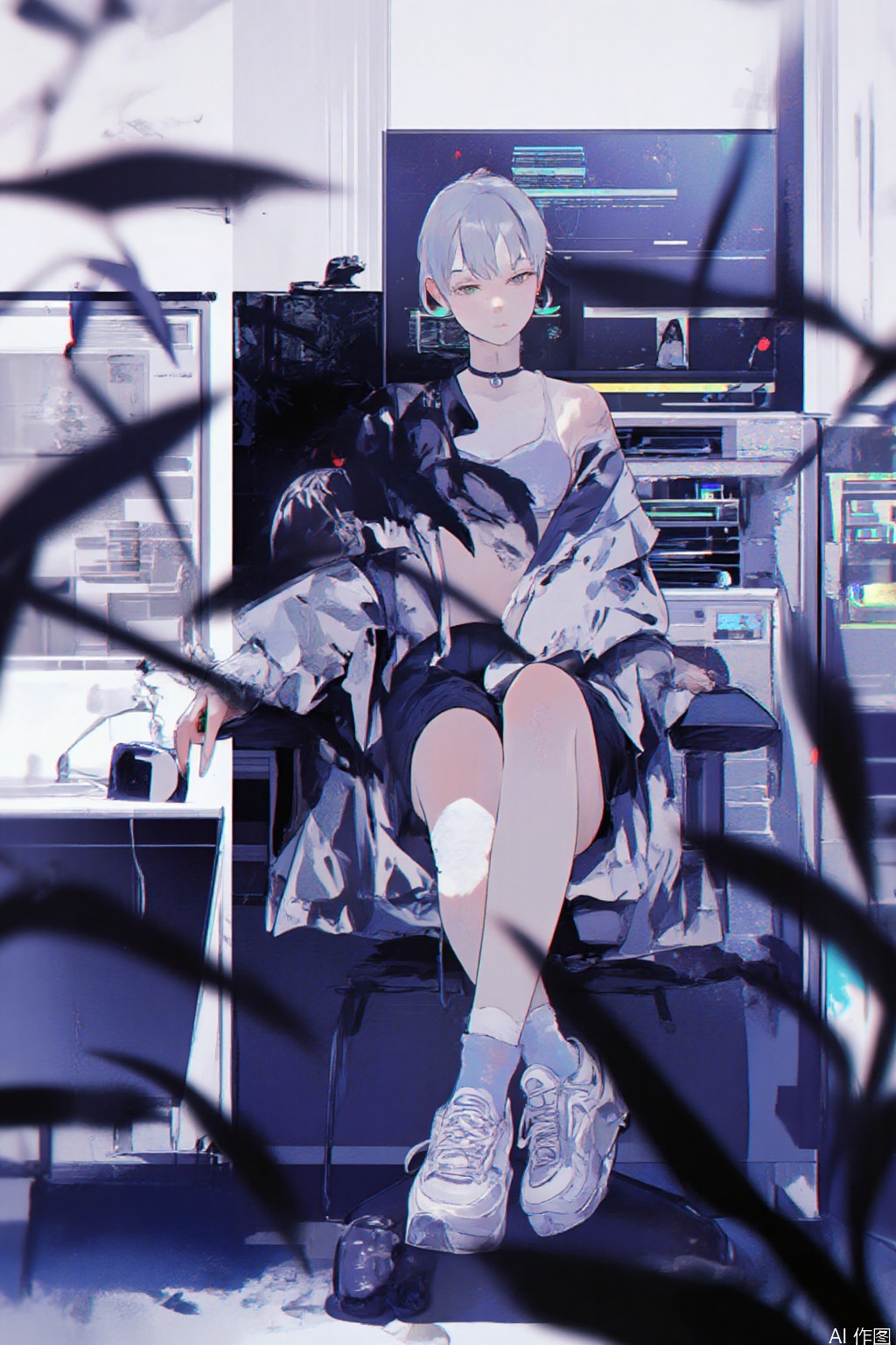 masterpiece,very aware,highres,absurdres,newest,best quality,high quality,chromatic_aberration, //, 1girl, solo, short hair, bangs, simple background, long sleeves, white background, holding, bare shoulders, sitting, closed mouth, green eyes, jacket, full body, white hair, grey hair, shoes, choker, socks, off shoulder, sleeves past wrists, tattoo, chair, white footwear, white jacket, plant, white socks, sneakers, bandaid, grey jacket, computer, bandaid on leg, bandaid on knee, grey socks //, ,(artist:quasarcake:0.8),extreme aesthetic,(wlop:0.6),(wanke:0.8),(mon (monmon2133):0.5),(mochizuki kei:0.95), (tira 27:0.7), //, official art,depth of field,detailed light,blurry background,best shadow,shiny skin,cinematic lighting,ray tracing, amazing quality,very aesthetic,absurdres,beast quality,ultra detailed,newest,8K,HDR,
负向提示