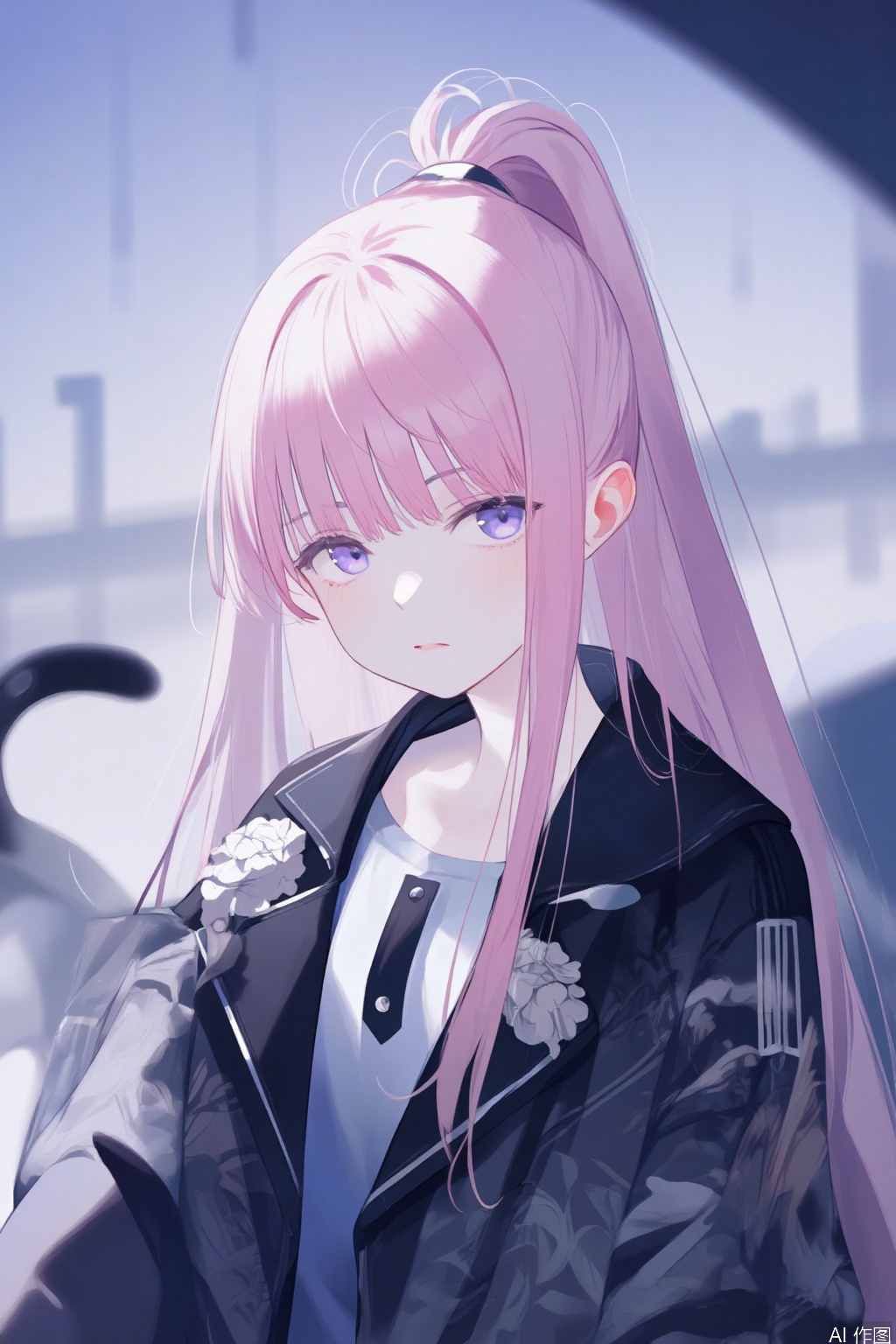 An anime girl with long pink hair and blue eyes. She is wearing a black jacket with a white collar and a white shirt underneath. Her hair is tied up in a ponytail. Her eyes are a piercing blue color. She has a black cat tail on her left side. The cat tail is black and has white spots on it. The background behind her is a light blue and purple color.