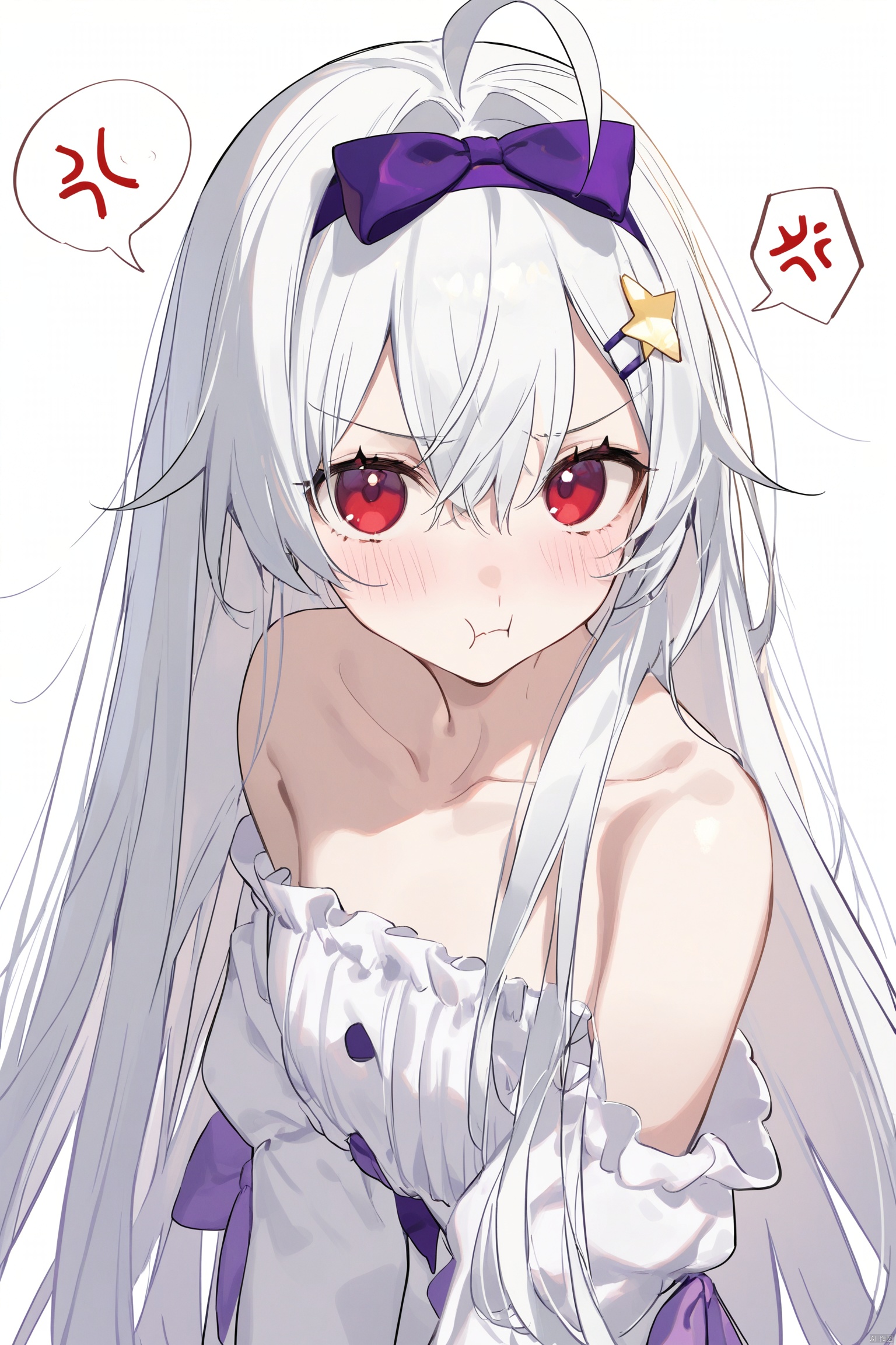 1girl, solo, long hair, looking at viewer, blush, bangs, simple background, hair ornament, red eyes, white background, dress, bow, hair between eyes, bare shoulders, very long hair, closed mouth, collarbone, upper body, ahoge, white hair, hair bow, hairband, hairclip, off shoulder, star \(symbol\), white dress, strapless, anger vein, purple bow, :t, star hair ornament, pout, purple hairband, spoken anger vein