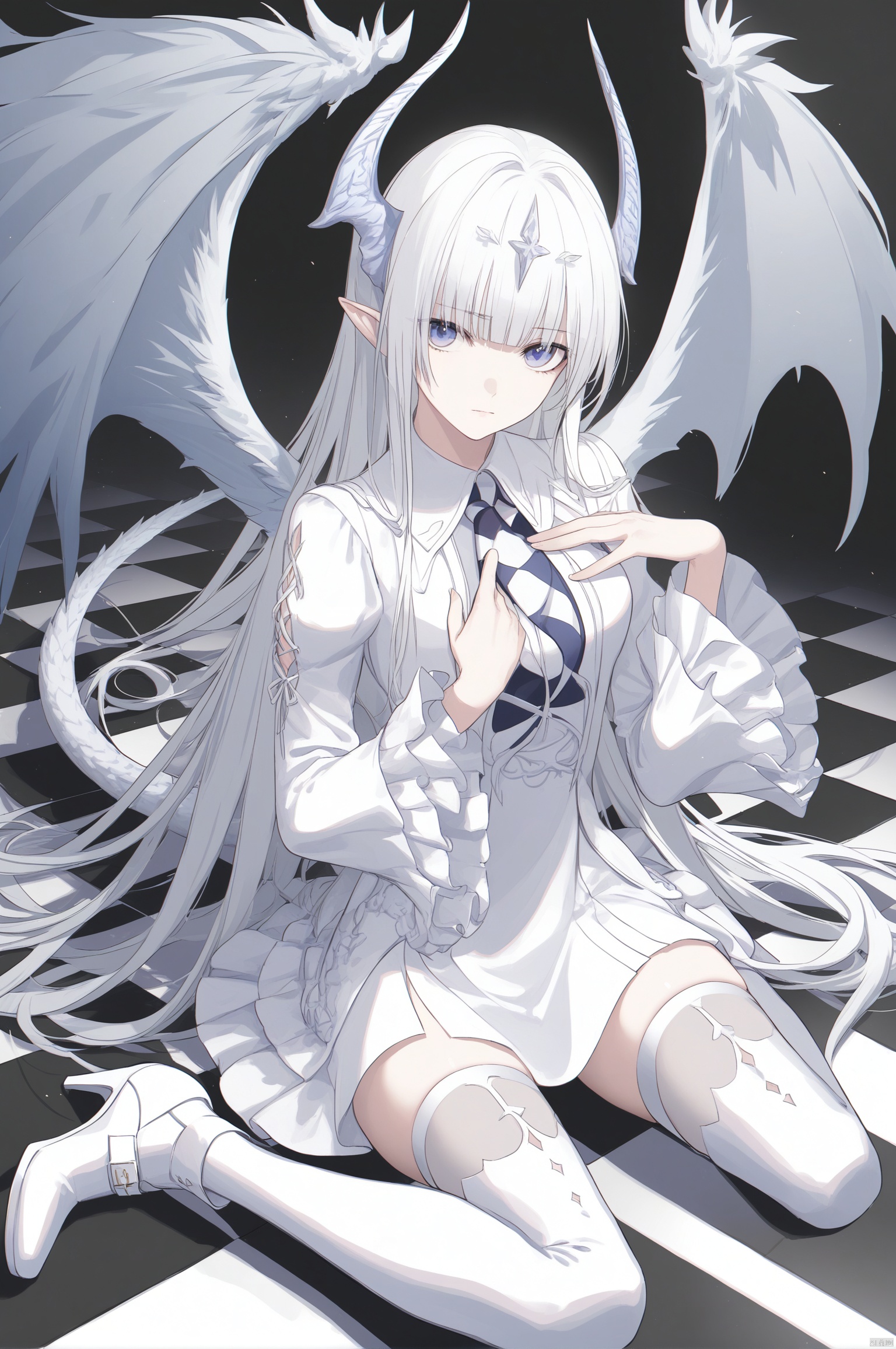 1girl,solo,long hair,looking at viewer,bangs,blue eyes,thighhighs,long sleeves,dress,sitting,closed mouth,flower,white hair,boots,frills,indoors,blunt bangs,white dress,high heels,white thighhighs,wariza,white footwear,high heel boots,checkered floor,chess piece,dargon hord,dargon wings,dargon tail,(one hand on chest),
