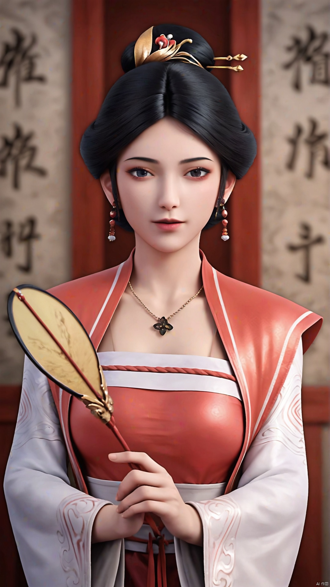 1girl,jewelry,chinese clothes,solo,earrings,black hair,necklace,hanfu,hair ornament,holding,dress,looking at viewer,upper body,realistic,long sleeves,wide sleeves,black eyes,,incredibly absurdres,wallpaper,,