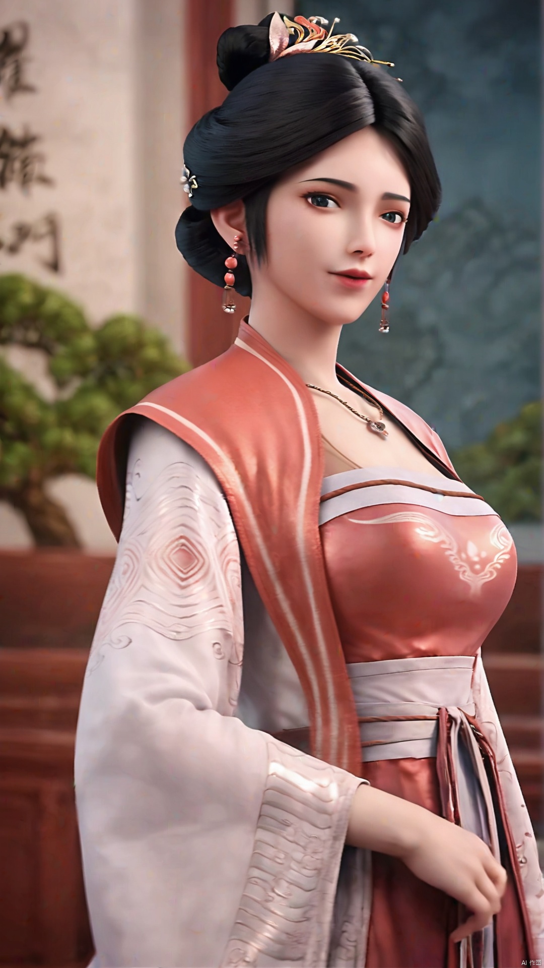 1girl,jewelry,chinese clothes,solo,earrings,black hair,necklace,hanfu,hair ornament,holding,dress,looking at viewer,upper body,realistic,long sleeves,wide sleeves,black eyes,,incredibly absurdres,wallpaper,,