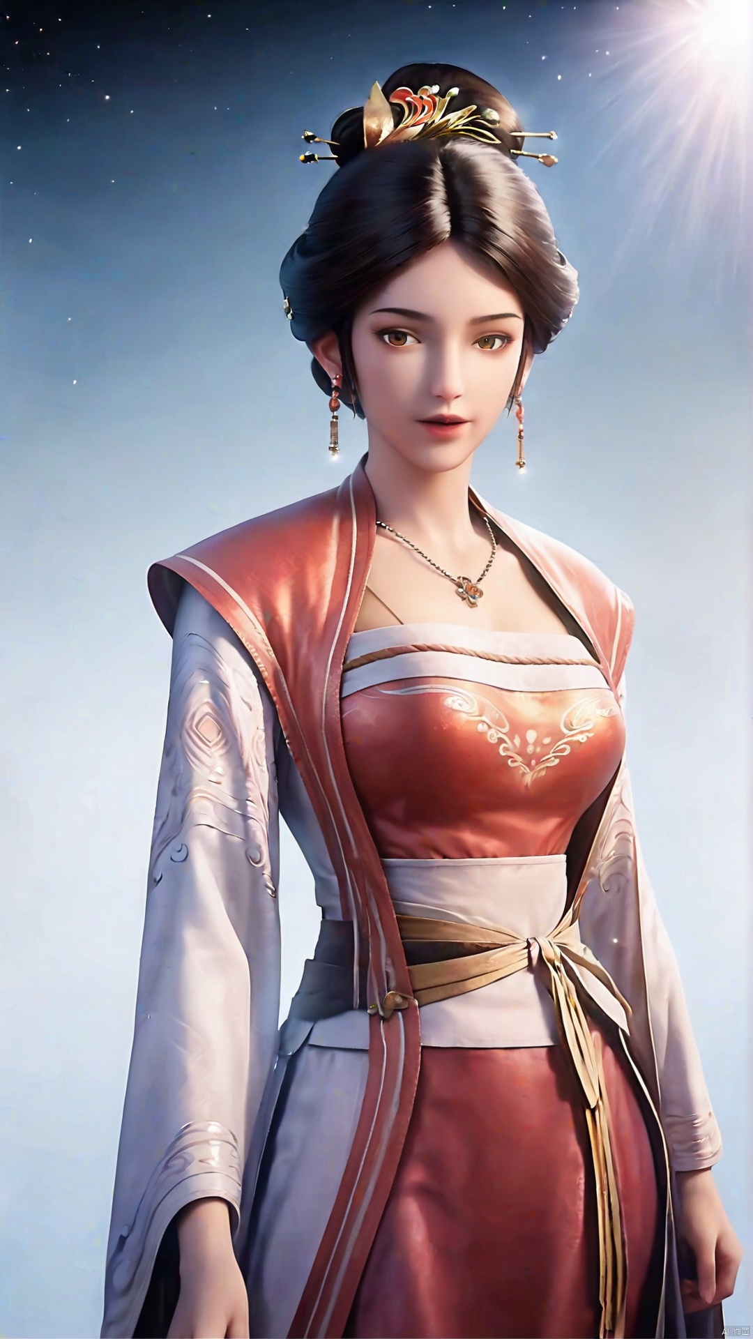 masterpiece,best quality,official art,extremely detailed CG unity 8k wallpaper,realistic,light rays,light particles,1girl,jewelry,solo,earrings,necklace,chinese clothes,hair ornament,black hair,looking at viewer,realistic,brown eyes,simple background,solid color background,grey_background,shadow,looking at viewer,cowboy shot,