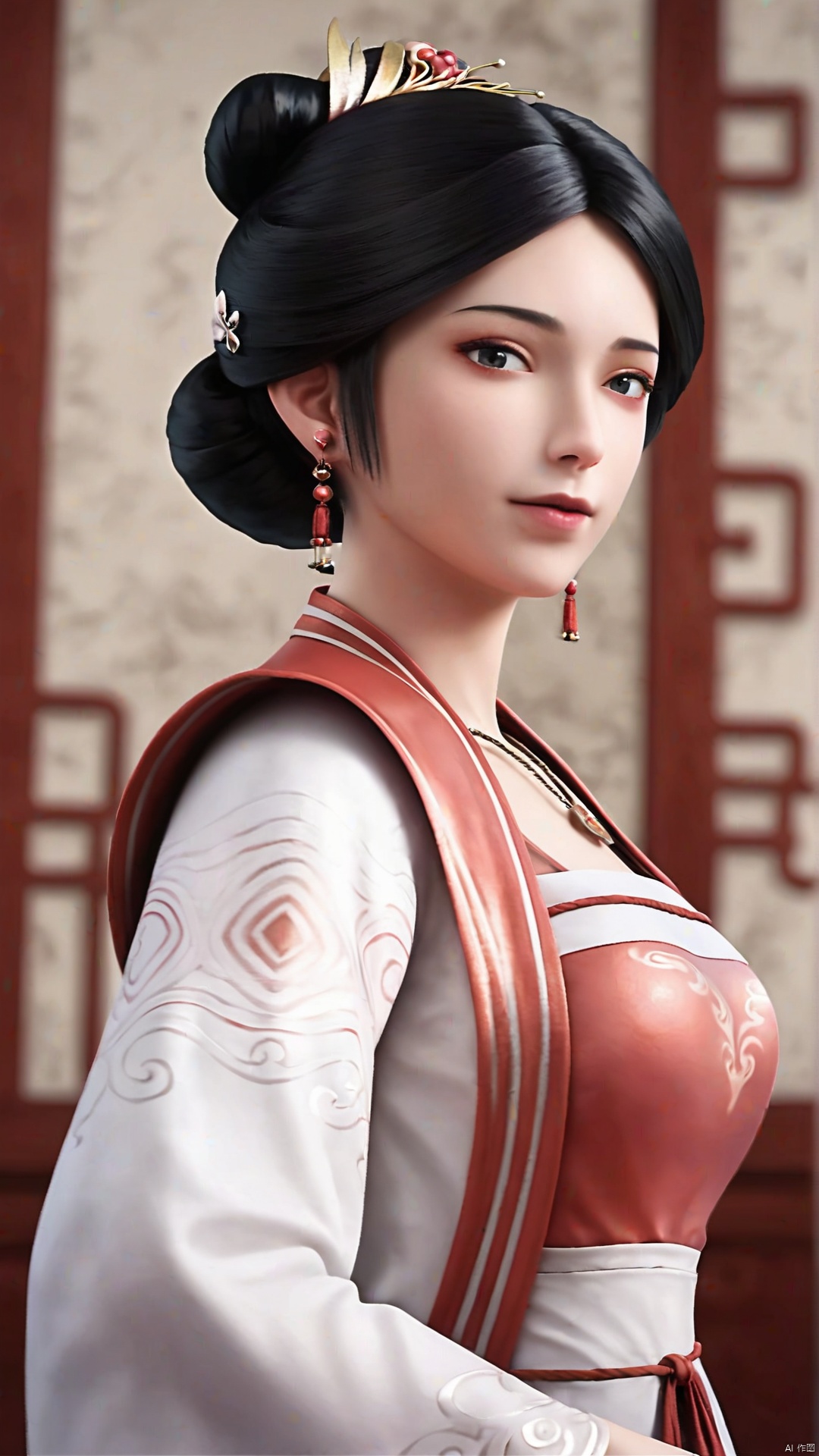 1girl,jewelry,chinese clothes,solo,earrings,black hair,necklace,hanfu,hair ornament,holding,dress,looking at viewer,upper body,realistic,long sleeves,wide sleeves,black eyes,,incredibly absurdres,wallpaper,,