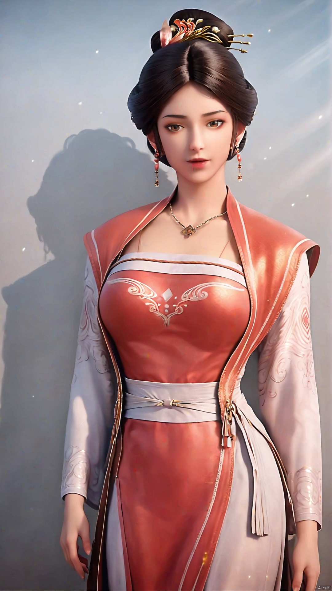 masterpiece,best quality,official art,extremely detailed CG unity 8k wallpaper,realistic,light rays,light particles,1girl,jewelry,solo,earrings,necklace,chinese clothes,hair ornament,black hair,looking at viewer,realistic,brown eyes,simple background,solid color background,grey_background,shadow,looking at viewer,cowboy shot,
