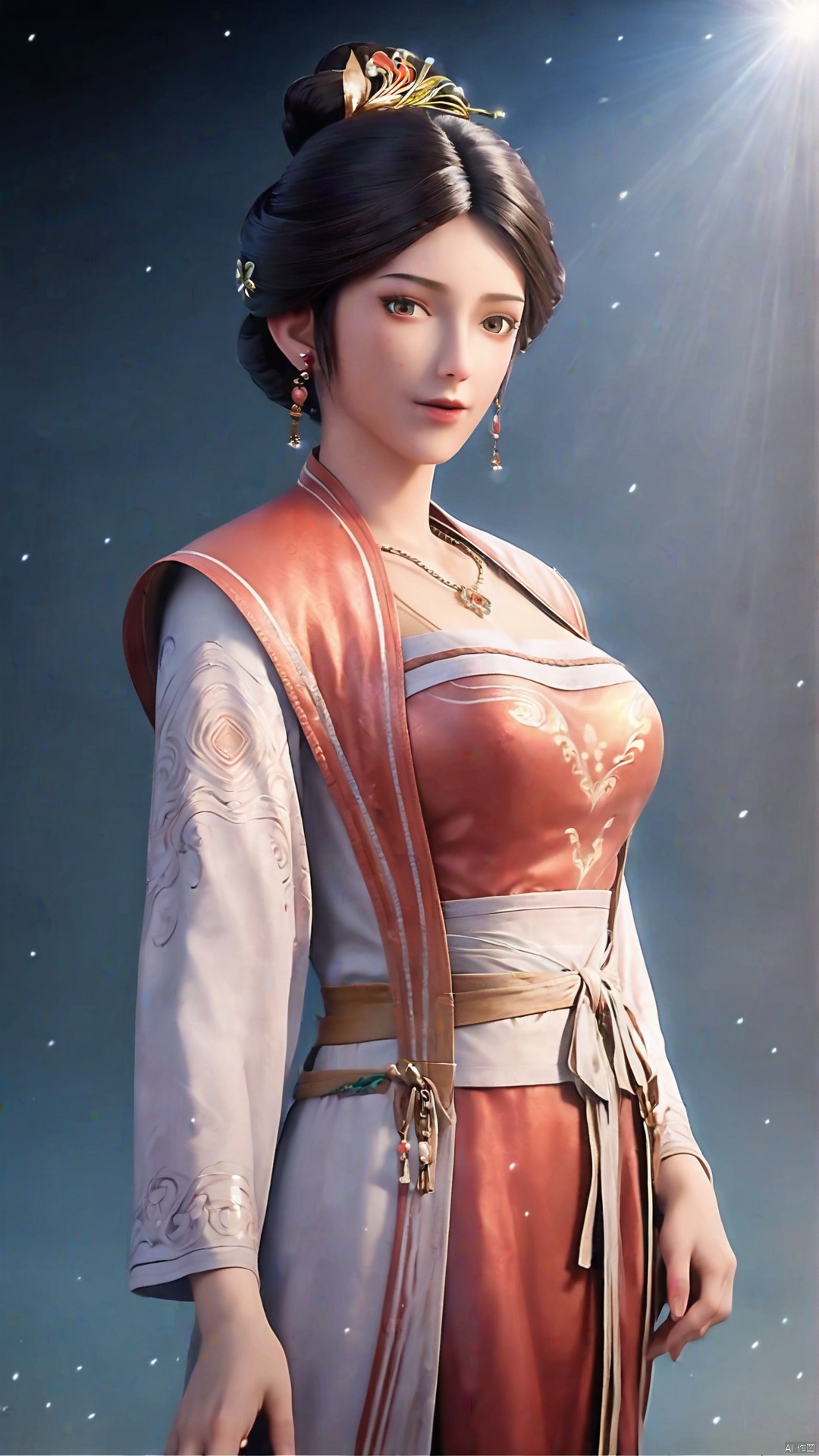 masterpiece,best quality,official art,extremely detailed CG unity 8k wallpaper,realistic,light rays,light particles,1girl,jewelry,solo,earrings,necklace,chinese clothes,hair ornament,black hair,looking at viewer,realistic,brown eyes,simple background,solid color background,grey_background,shadow,looking at viewer,cowboy shot,
