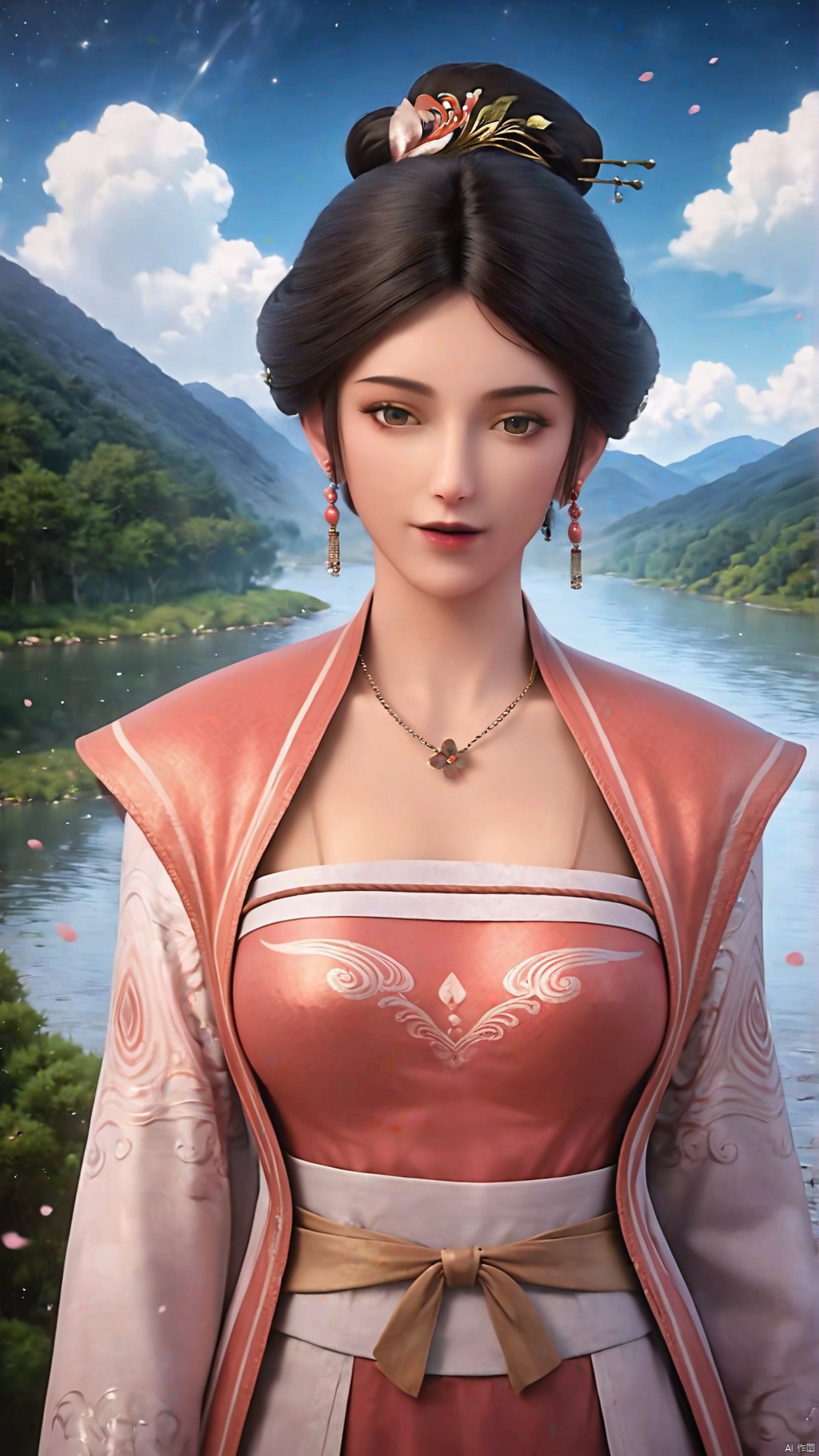 1masterpiece,best quality,official art,extremely detailed CG unity 8k wallpaper,realistic,light rays,light particles,1girl,jewelry,solo,earrings,necklace,chinese clothes,hair ornament,black hair,looking at viewer,realistic,brown eyes,in a meadow,stream,mountain,cherry_blossoms,flower,outdoors,looking at viewer,cowboy shot,