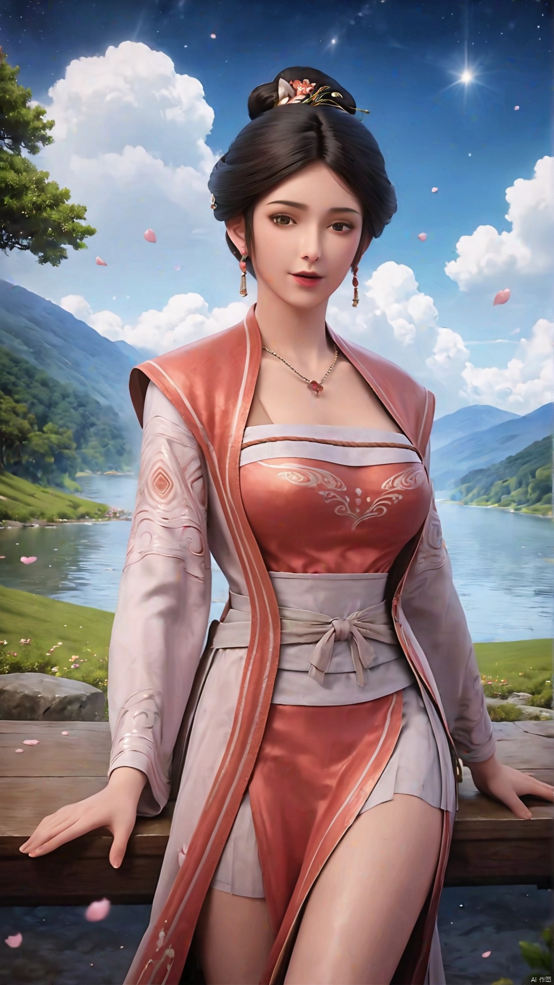 1masterpiece,best quality,official art,extremely detailed CG unity 8k wallpaper,realistic,light rays,light particles,1girl,jewelry,solo,earrings,necklace,chinese clothes,hair ornament,black hair,looking at viewer,realistic,brown eyes,in a meadow,stream,mountain,cherry_blossoms,flower,outdoors,looking at viewer,cowboy shot,