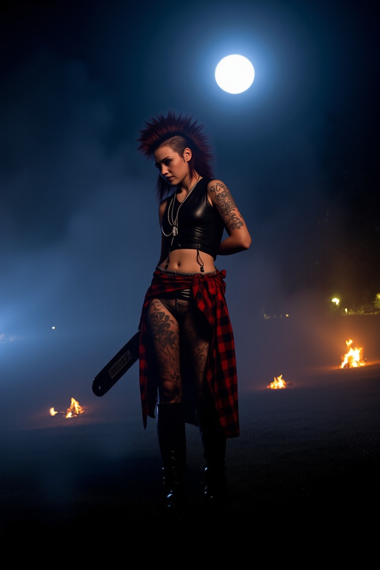 A darkly lit,  atmospheric shot of the punk rock spiked mohawk woman,  Final Girl on Tensor.Art