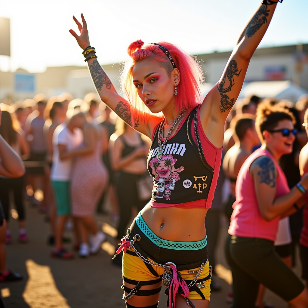 A punk rock princess stands out amidst the vibrant crowd at a music festival,  basking in the warm sunlight of high noon....