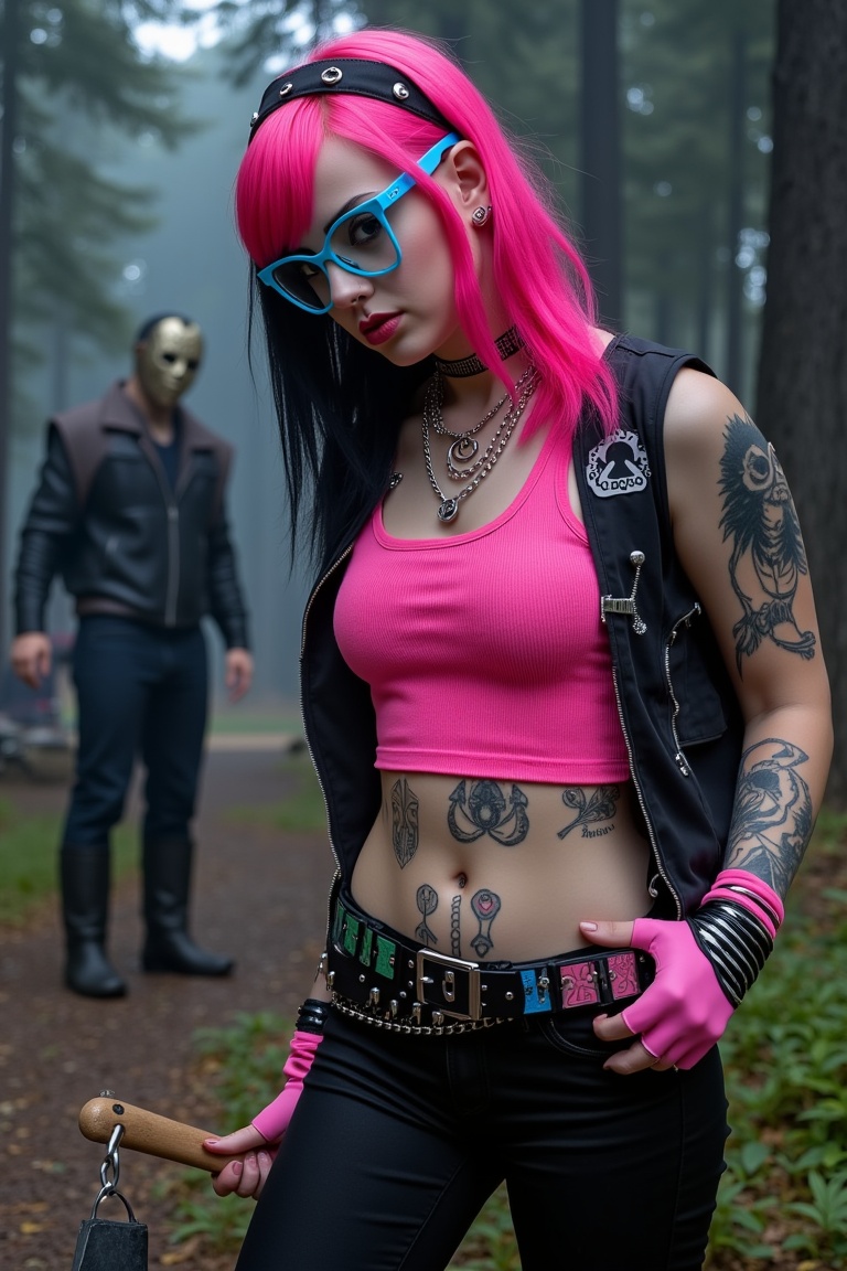 Preppy punk rock girl poses confidently amidst the eerie Crystal Lake campsite,  donning pink and black punk attire with b...