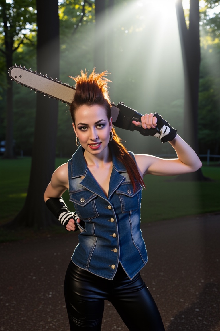 Camp Crystal Lake's eerie atmosphere is illuminated by a slanted sunbeam as final girl punk rocker stands defiantly,  moha...