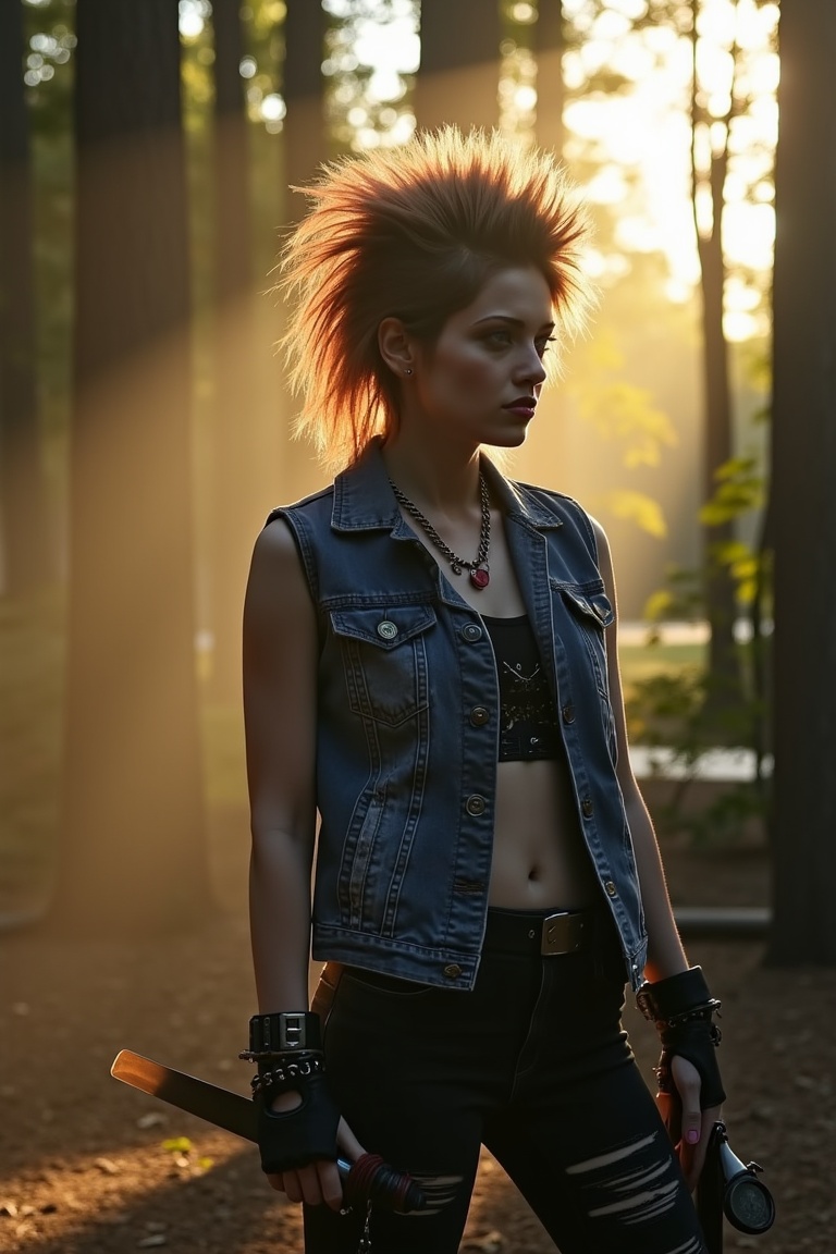 In a hauntingly lit scene at Camp Crystal Lake,  a punk rock-inspired final girl stands tall,  her mohawk piercing the dim...
